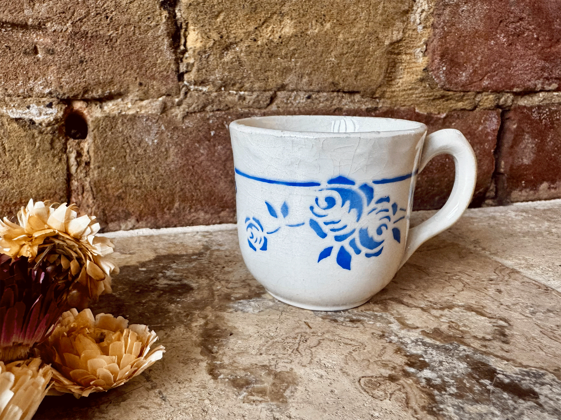 antique french floral blue transferware ironstone terre de fer espresso cup
