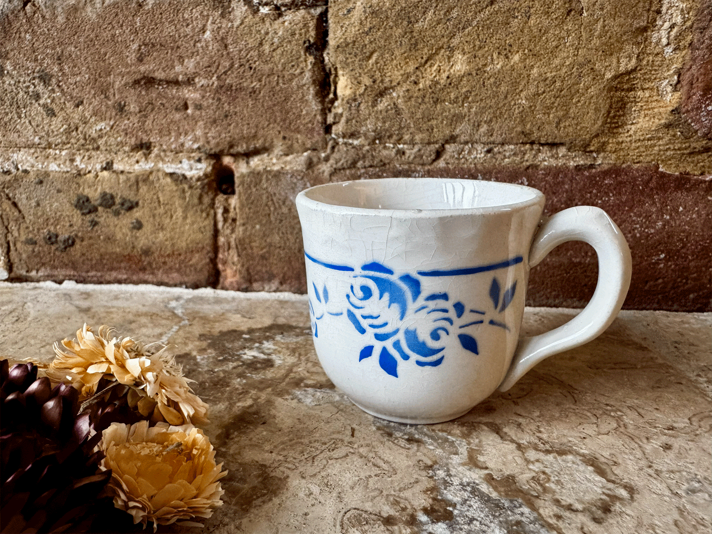 antique french floral blue transferware ironstone terre de fer espresso cup