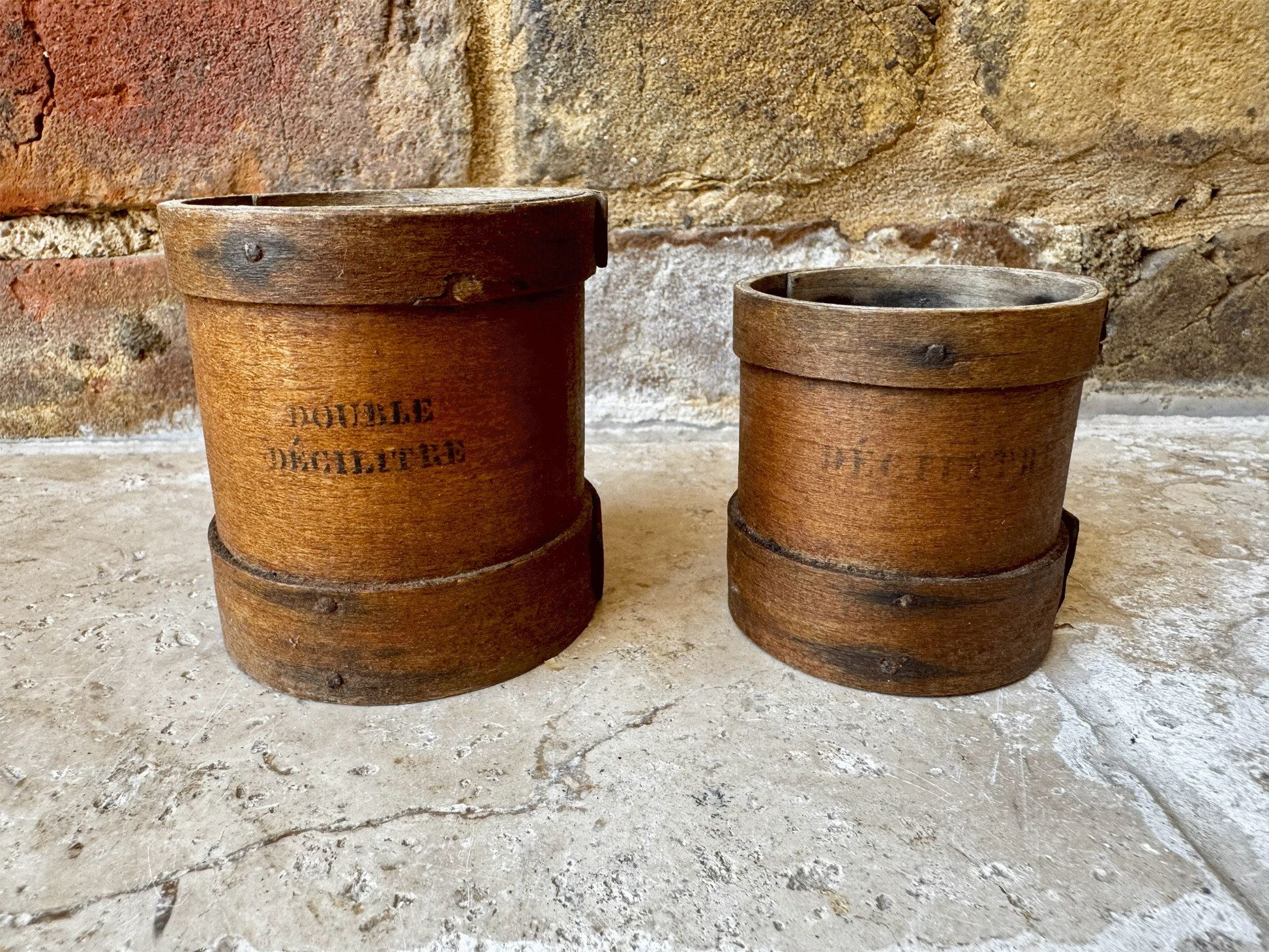 antique french set bentwood treen wooden grain measures double decilitre  boissellerie leger poitiers