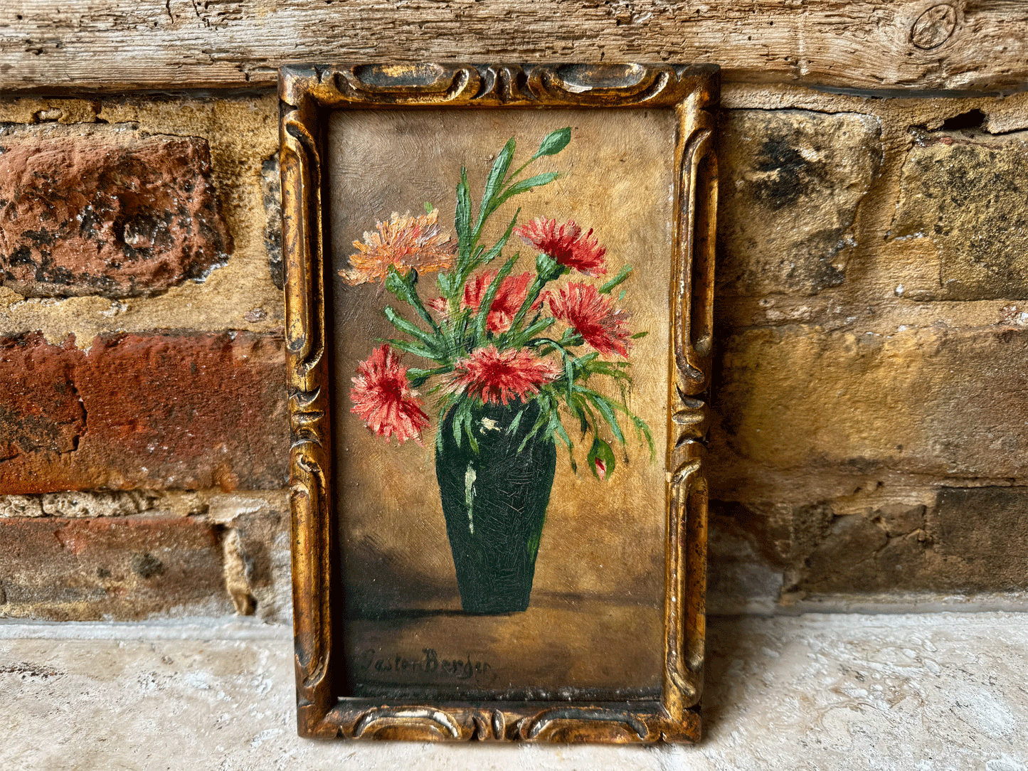 antique french signed oil painting board framed floral composition gilt gaston berger