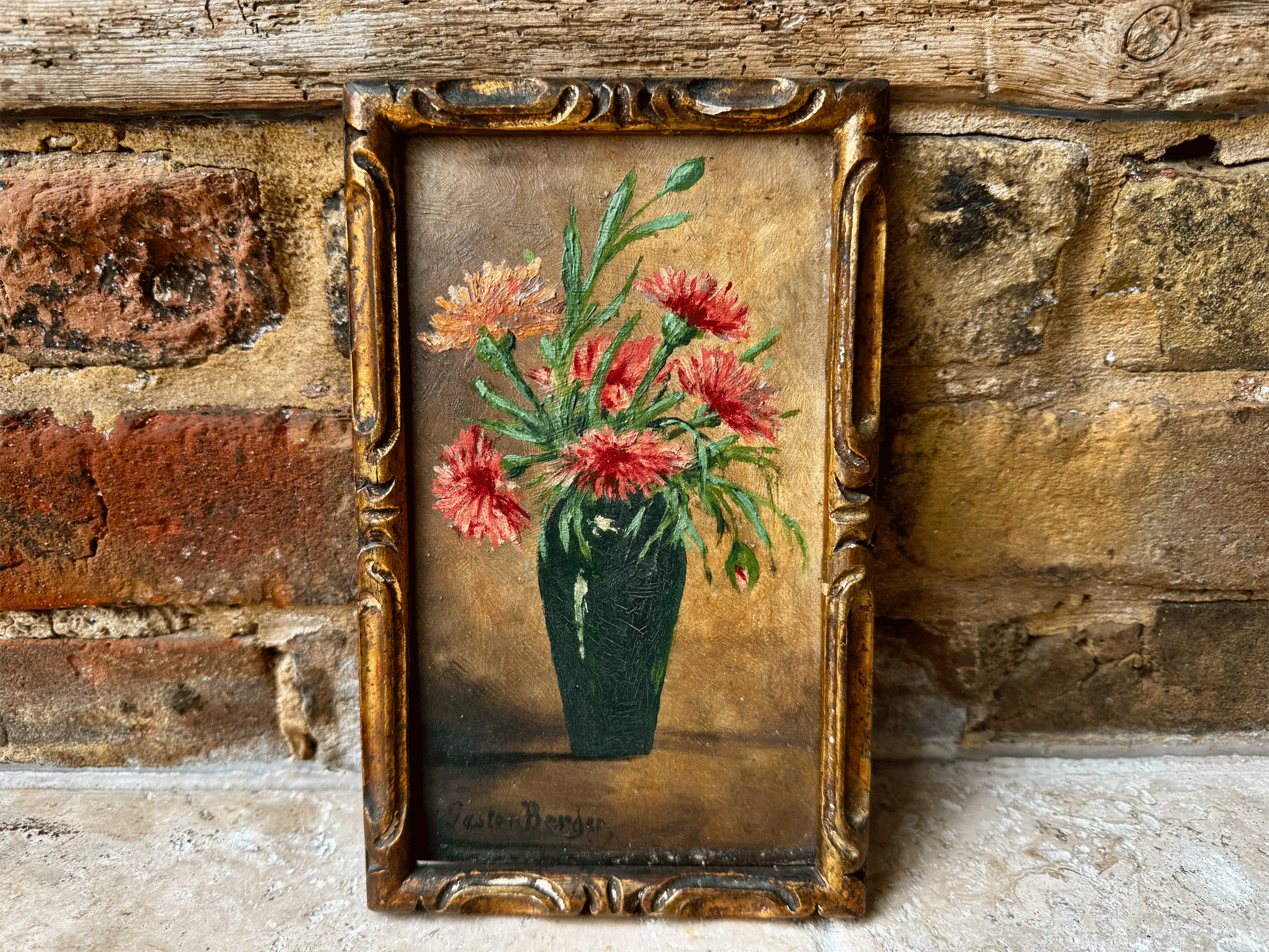 antique french signed oil painting board framed floral composition gilt gaston berger