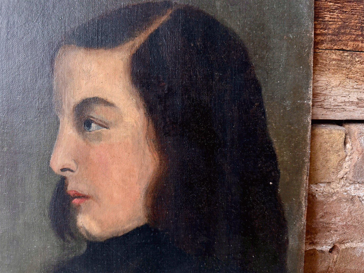 antique french 19th century 1800s woman lady portrait oil board moody tones signed dated