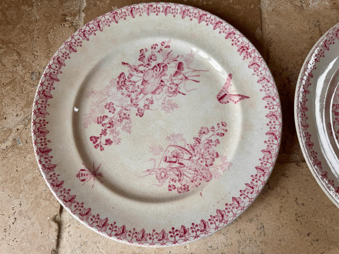 antique french 19th century 1800s country scene pink transferware terre de fer ironstone plate