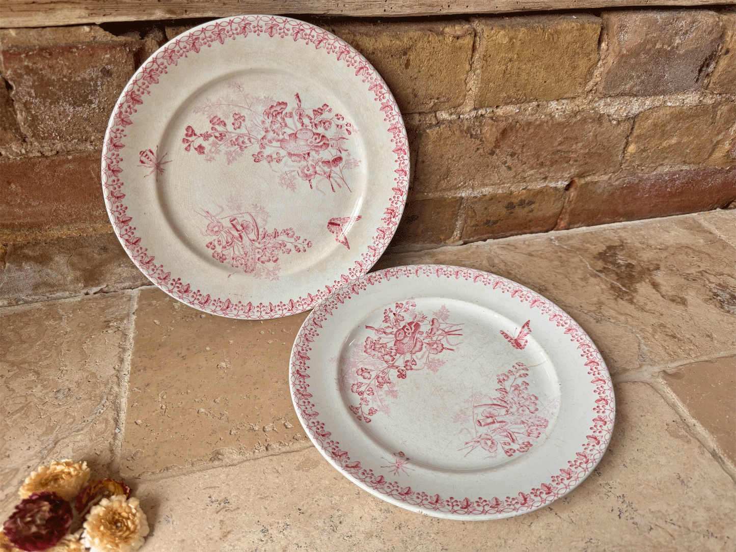 antique french 19th century 1800s country scene pink transferware terre de fer ironstone plate