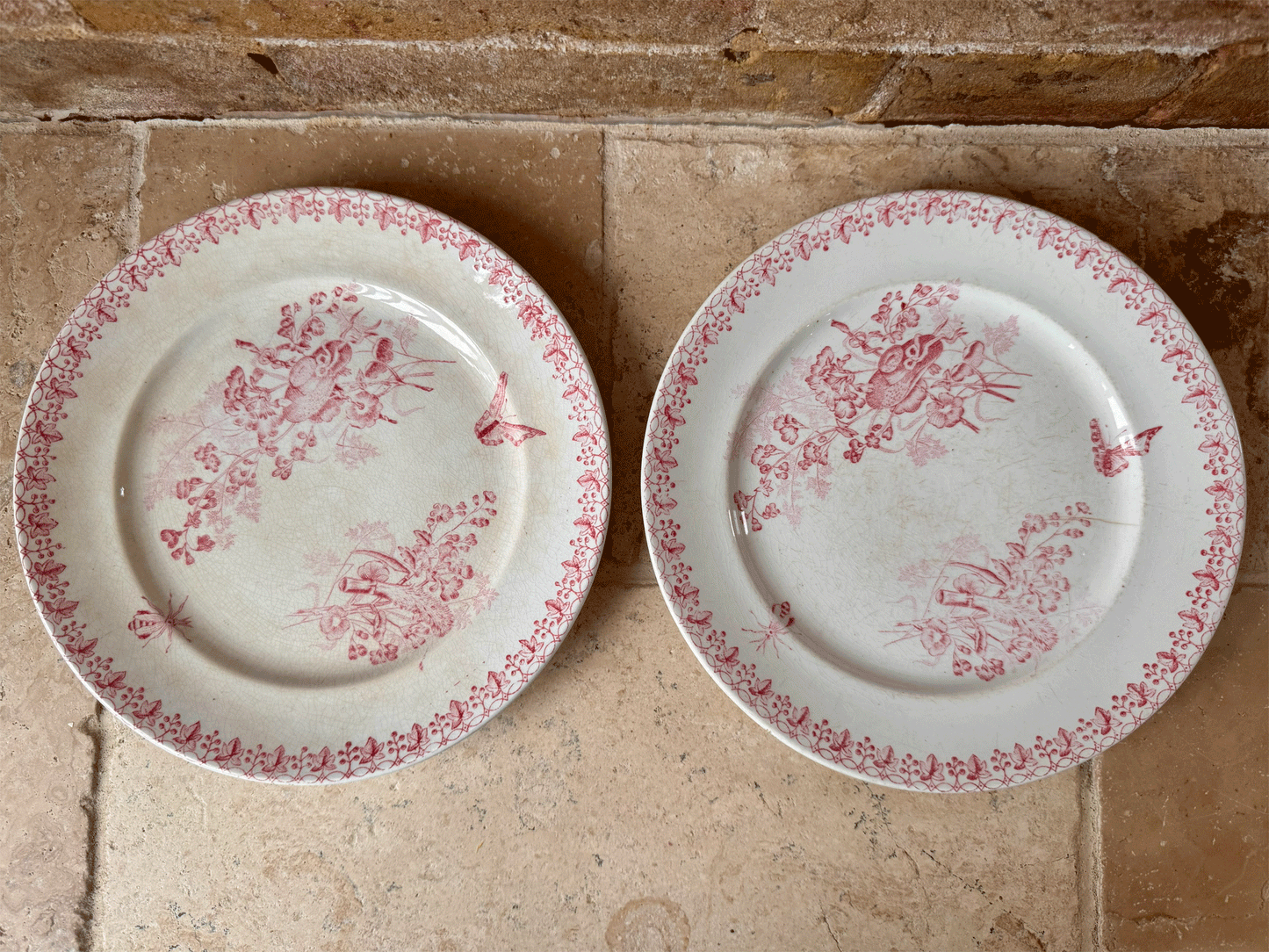 antique french 19th century 1800s country scene pink transferware terre de fer ironstone plate