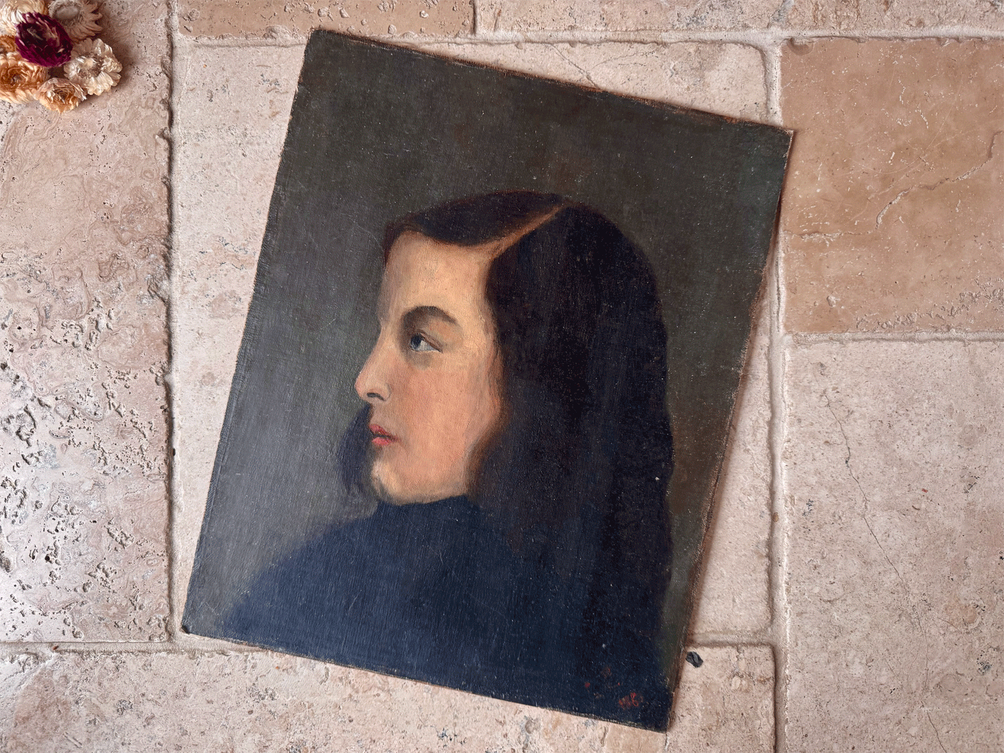 antique french 19th century 1800s woman lady portrait oil board moody tones signed dated