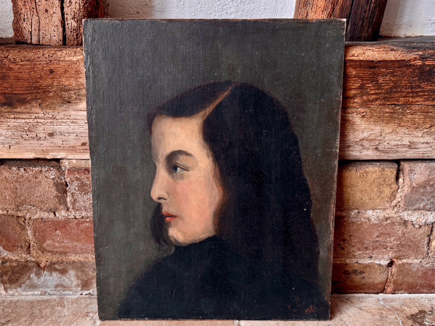 antique french 19th century 1800s woman lady portrait oil board moody tones signed dated