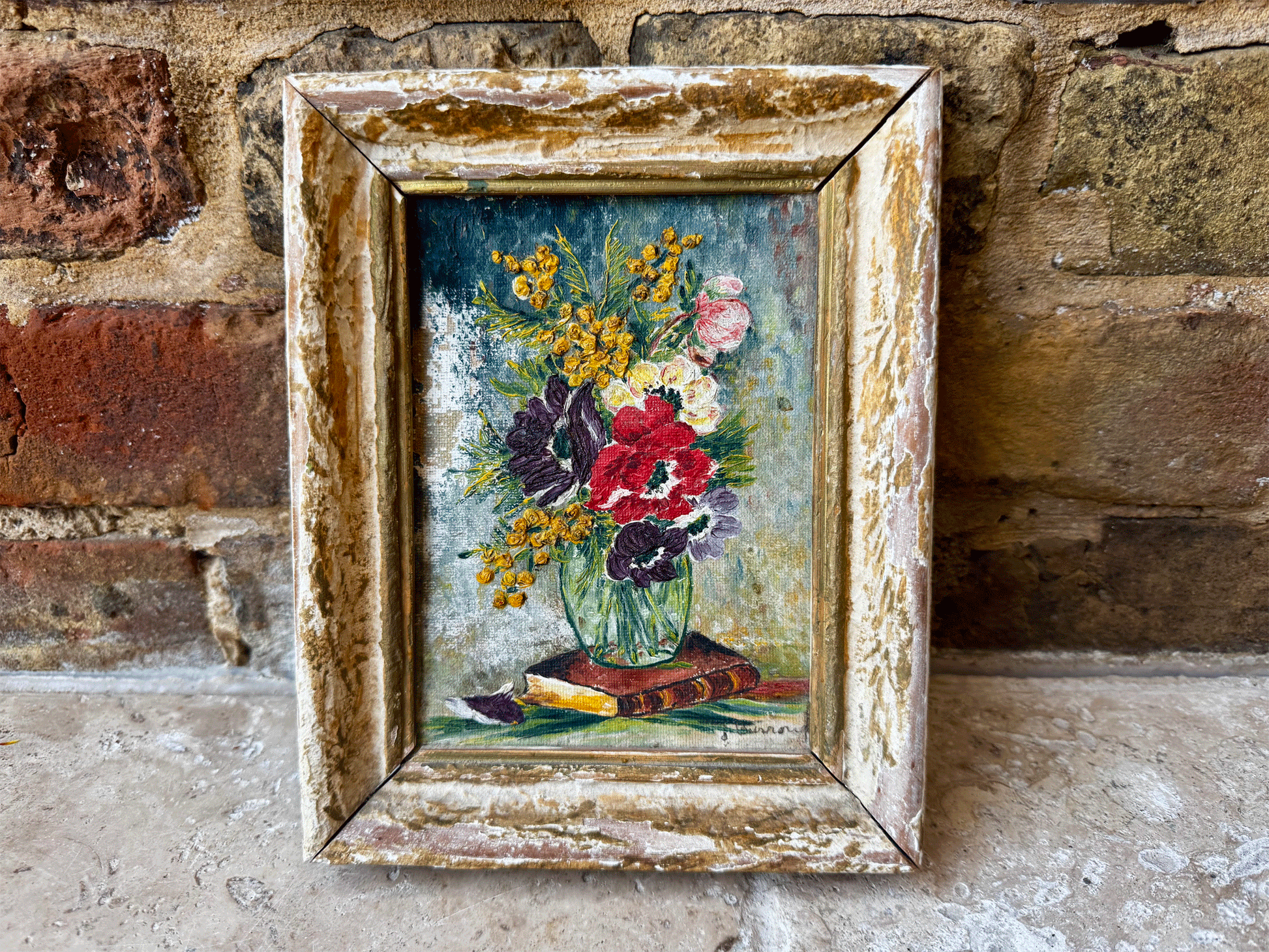 antique french small 19th century framed floral still life oil painting canvas signed 