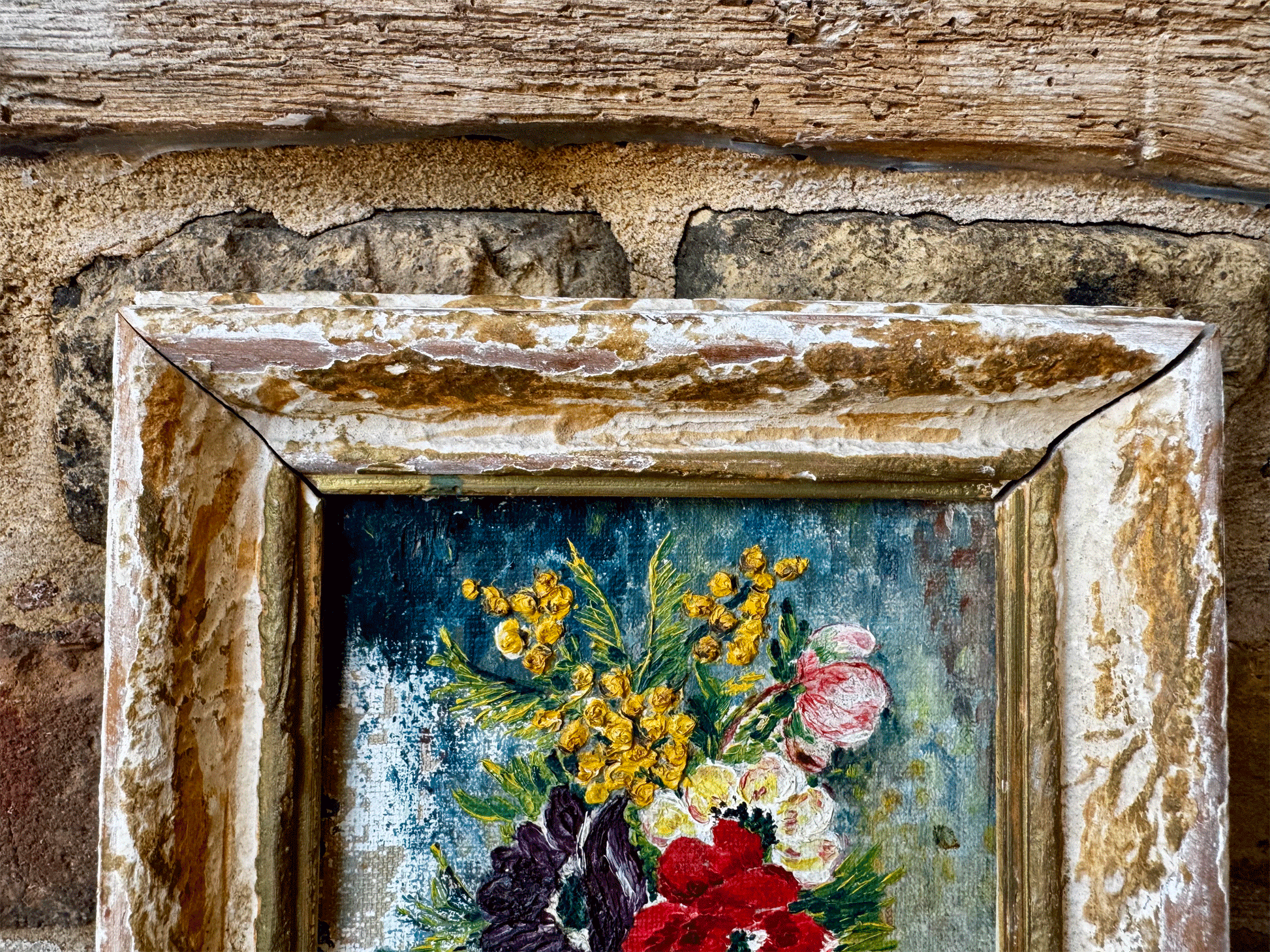 antique french small 19th century framed floral still life oil painting canvas signed 