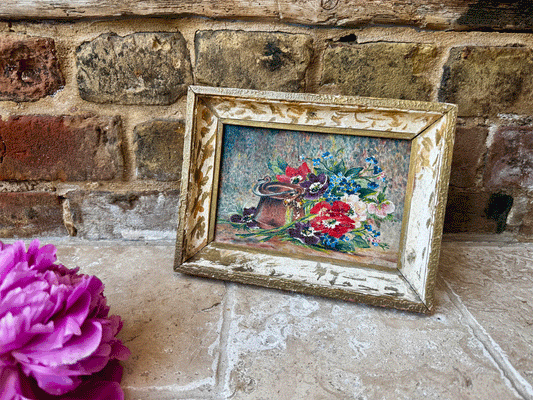 small antique french 19th century framed floral oil painting board gilt