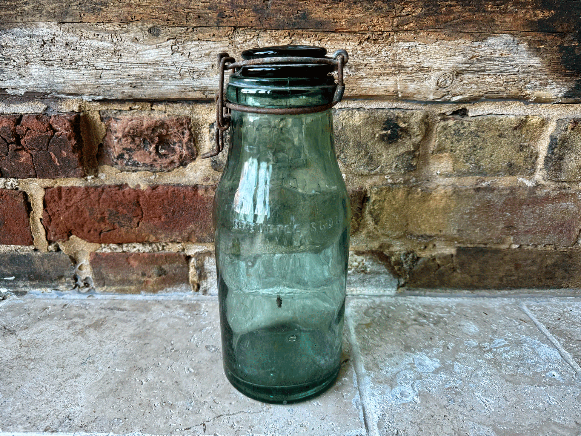 large antique french l'ideale brevetee sgdg large green canning bottle