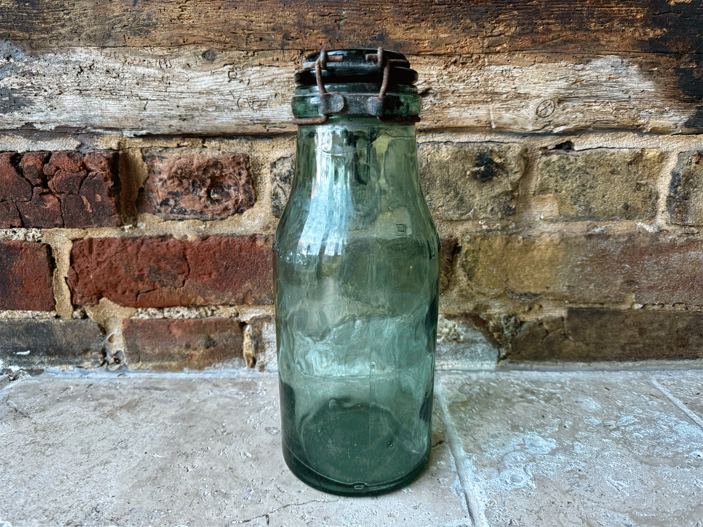 large antique french l'ideale brevetee sgdg large green canning bottle