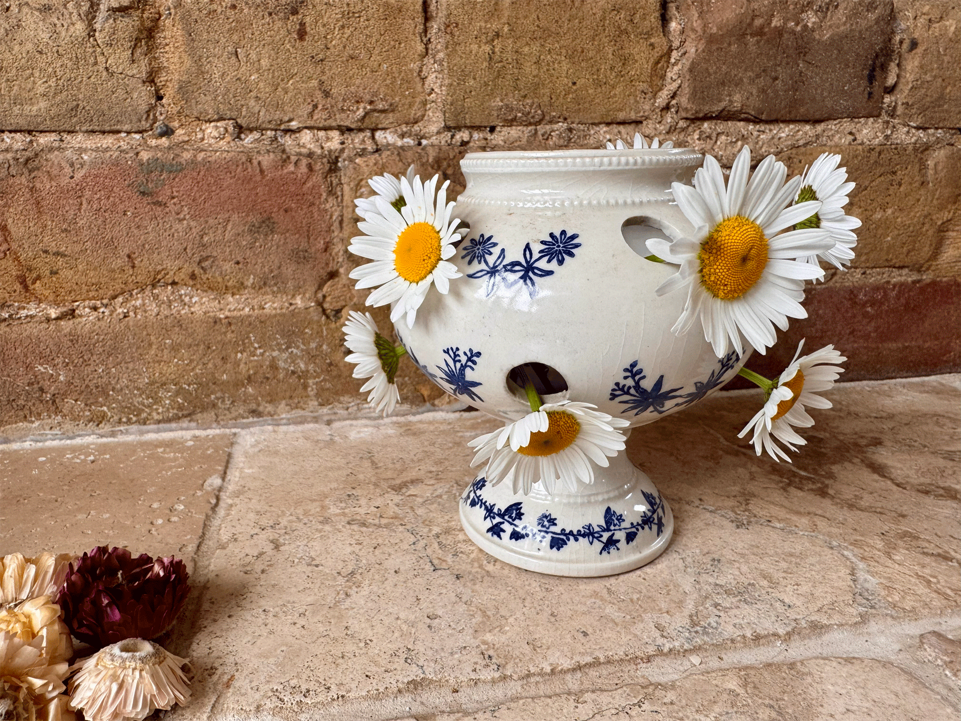 rare antique french 1920s blue white st uze bouquetiere flower vase holder earthenware