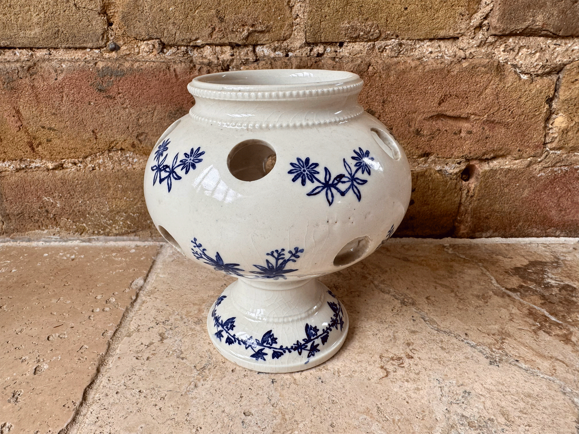 rare antique french 1920s blue white st uze bouquetiere flower vase holder earthenware