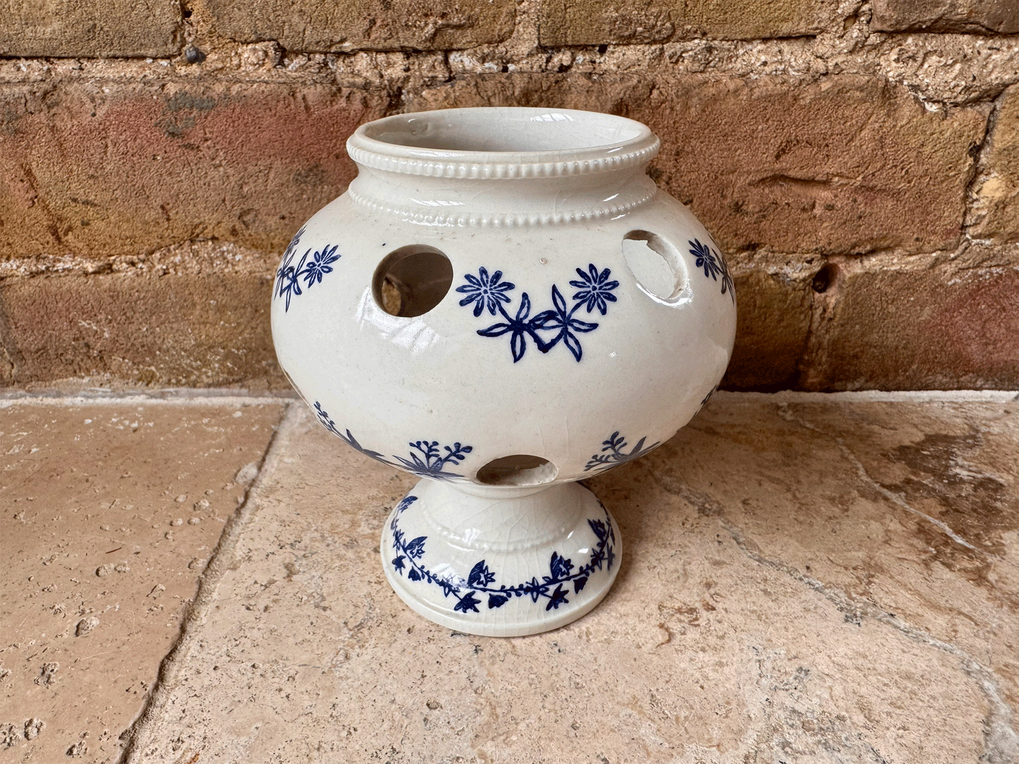 rare antique french 1920s blue white st uze bouquetiere flower vase holder earthenware