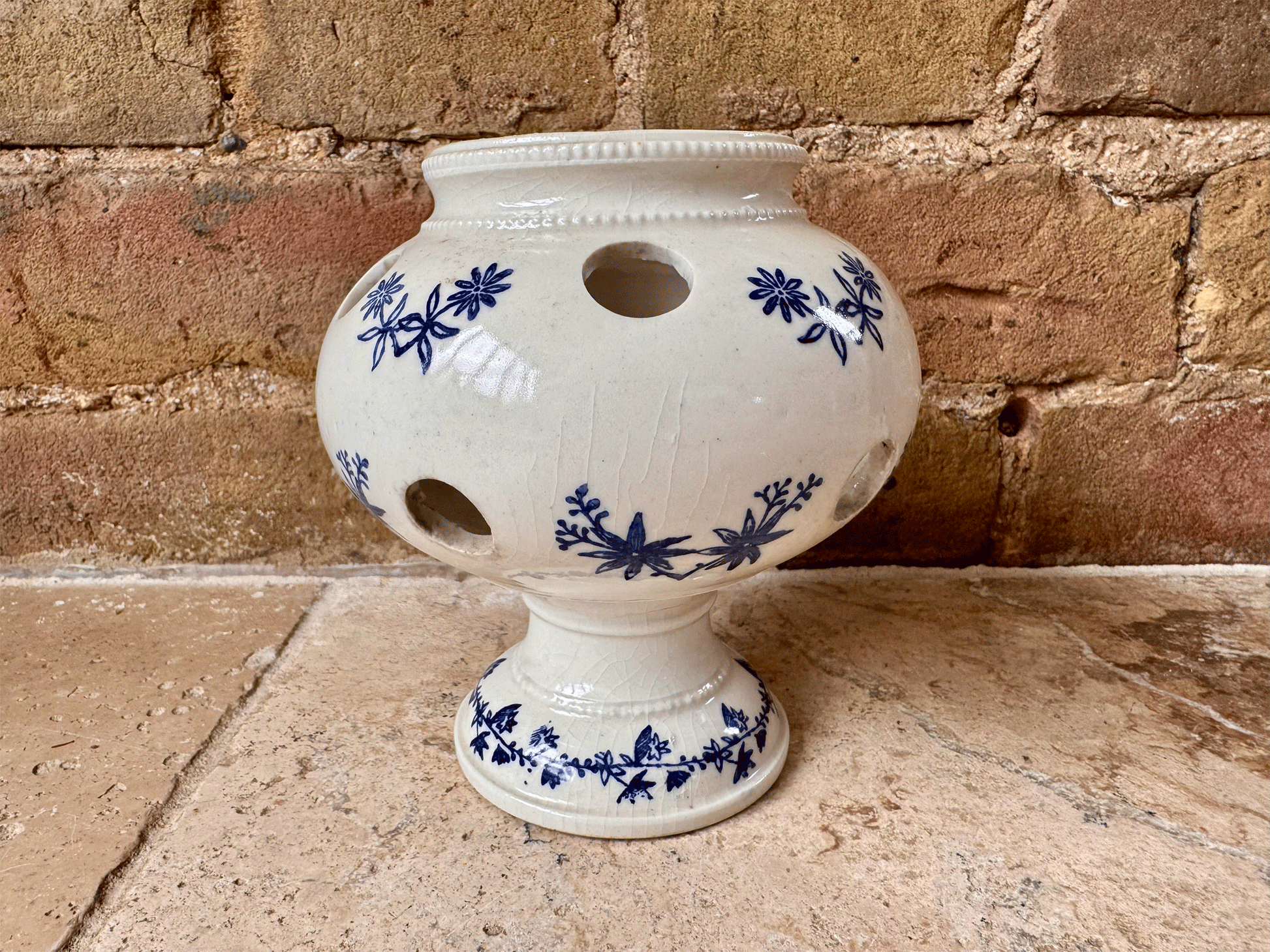 rare antique french 1920s blue white st uze bouquetiere flower vase holder earthenware