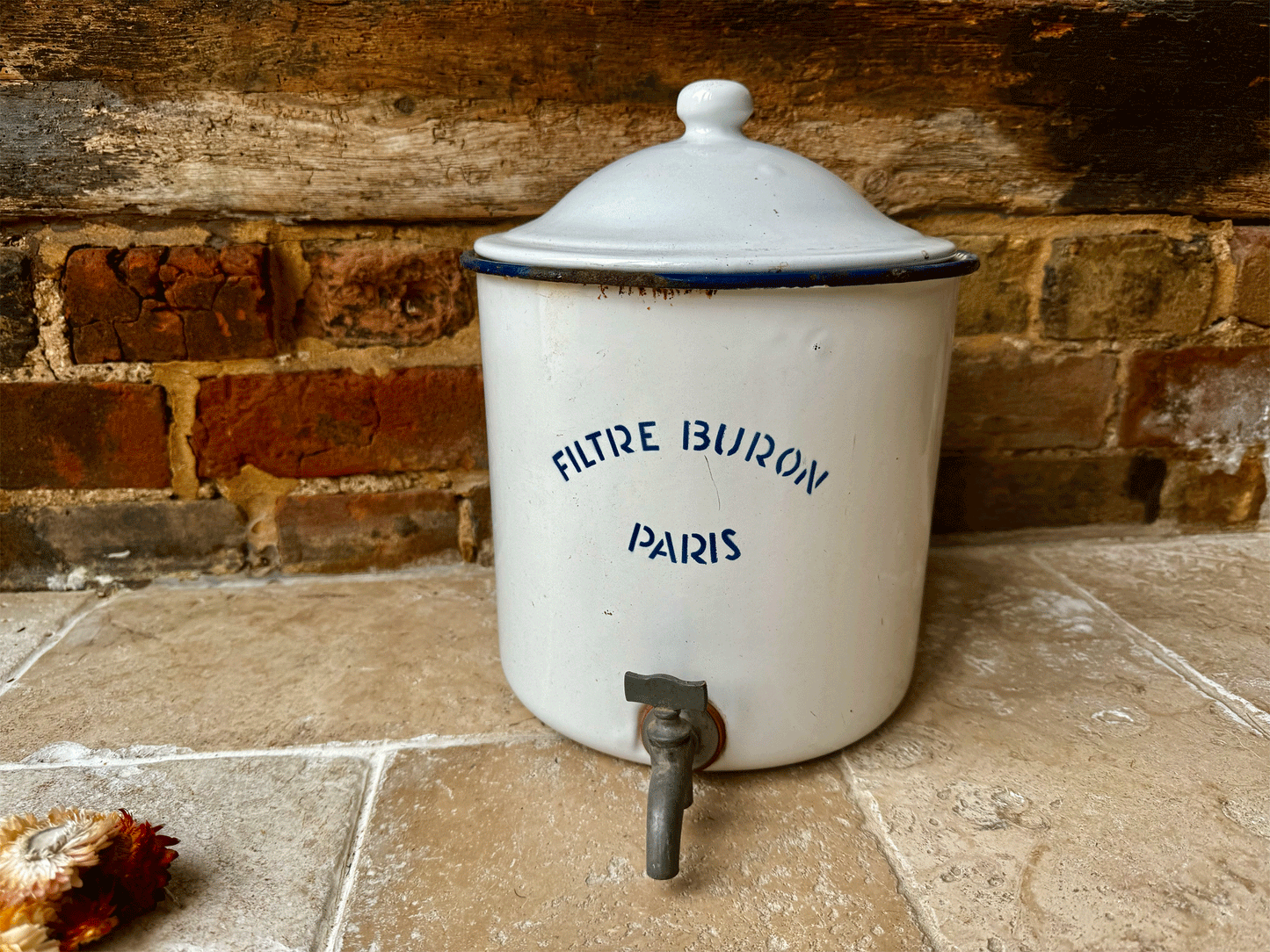 antique 1940s white blue french enamel  filtre buron paris water filter container