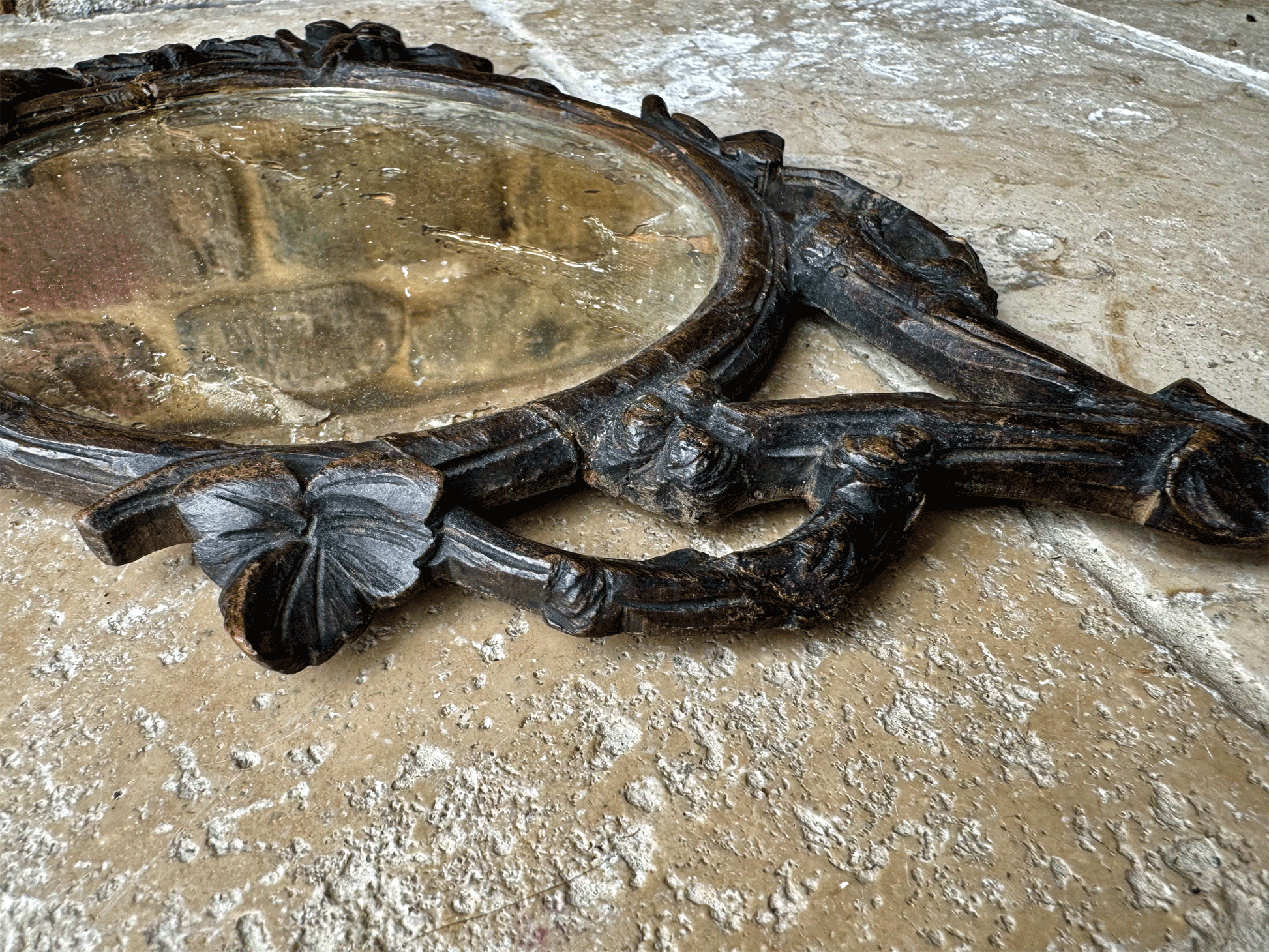 rare antique carved 1800s 19th century woodem black forest french hand mirror