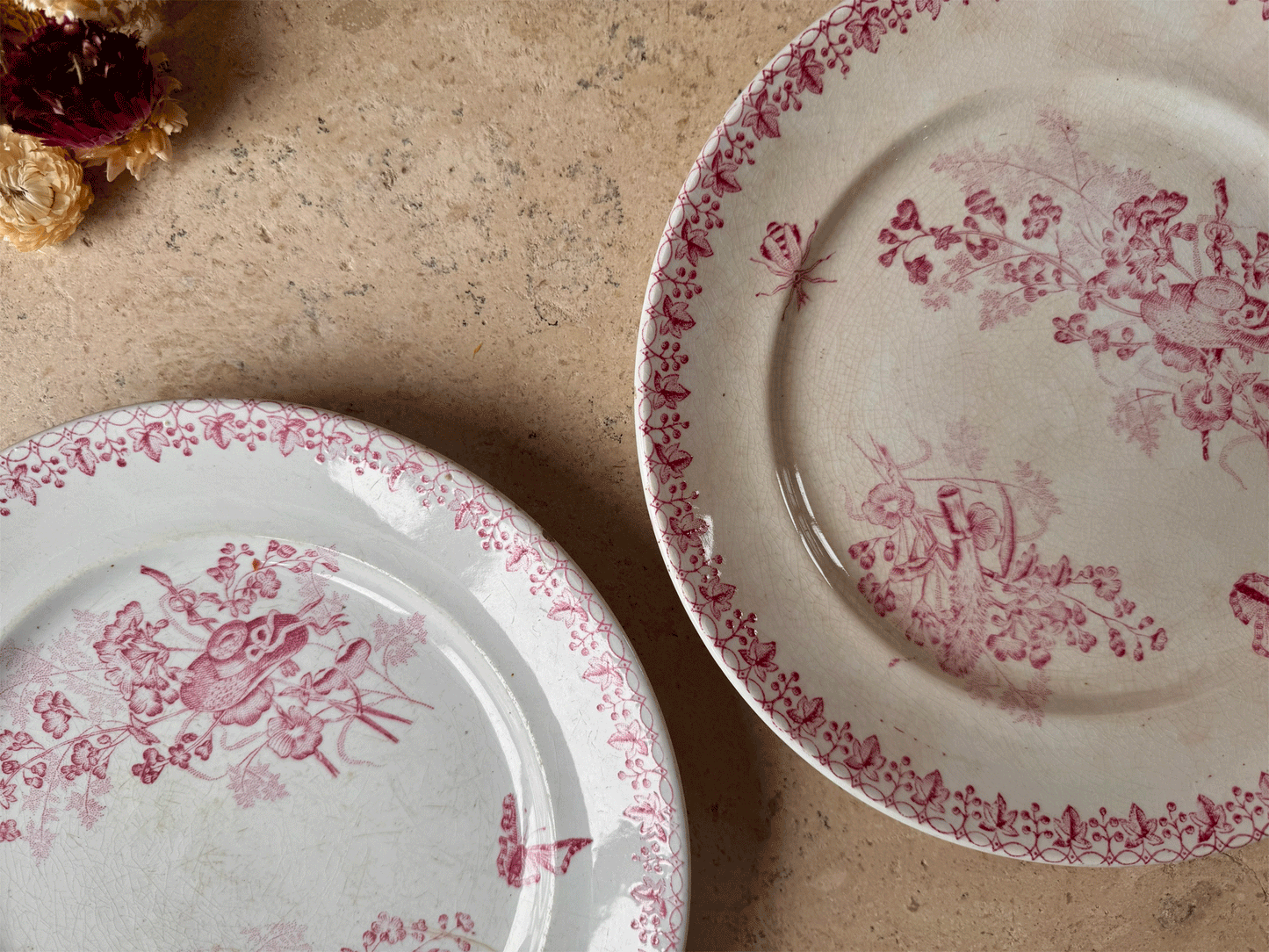 antique french 19th century 1800s country scene pink transferware terre de fer ironstone plate