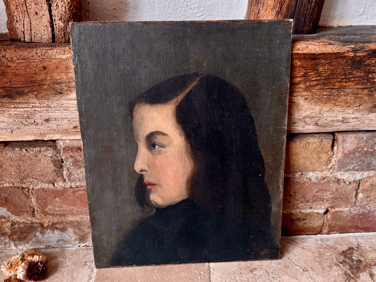 antique french 19th century 1800s woman lady portrait oil board moody tones signed dated