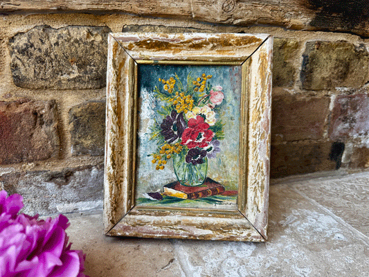 antique french small 19th century framed floral still life oil painting canvas signed 