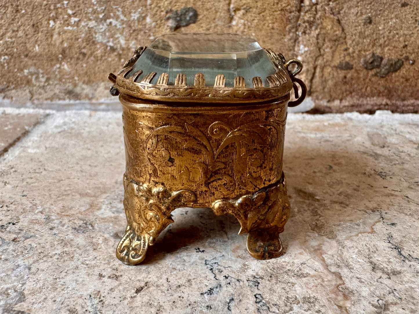 antique french 19th century pressed brass ormolu bevelled glass emerald green silk lining jewel casket patch box napoleon iii