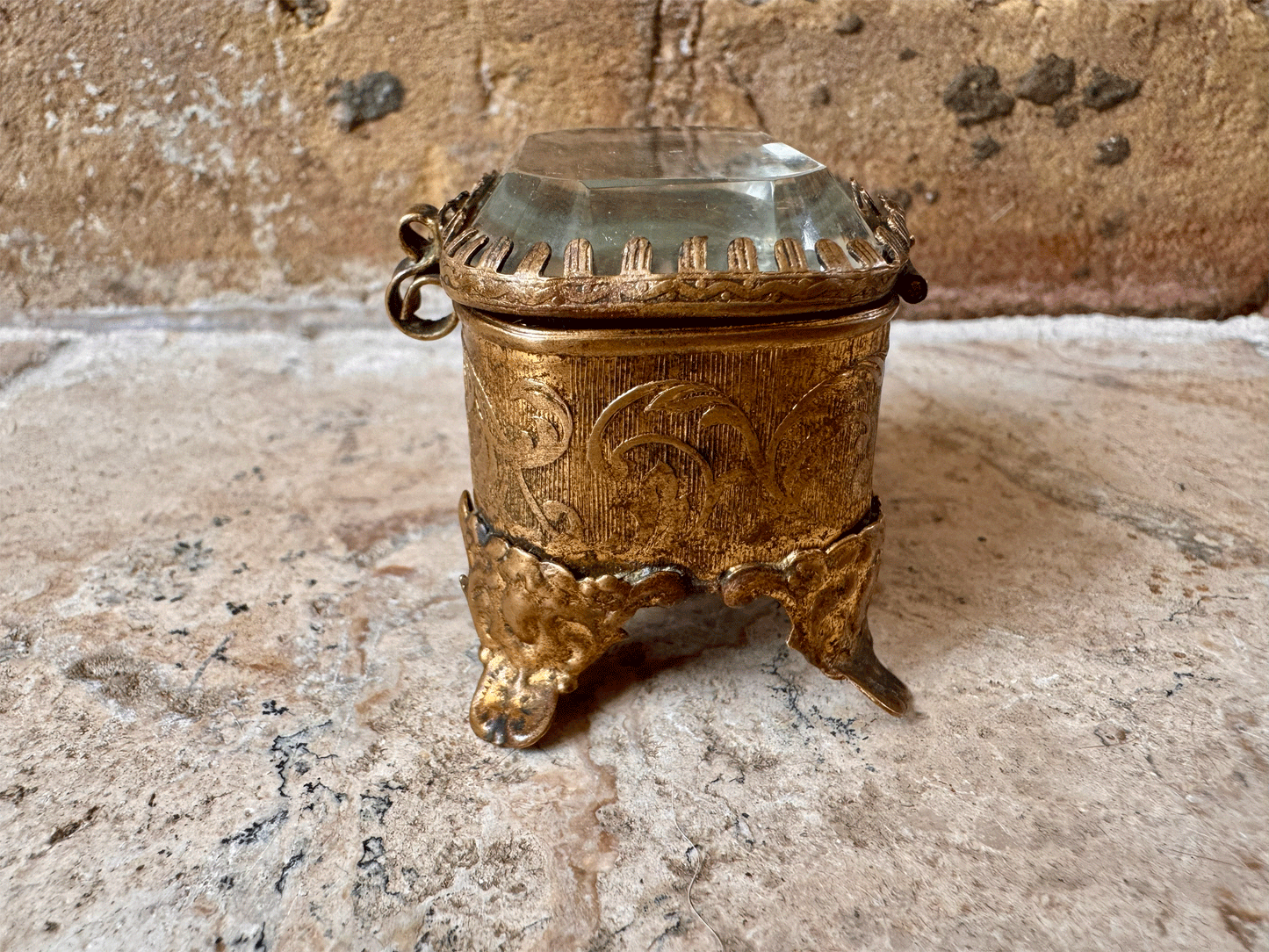 antique french 19th century pressed brass ormolu bevelled glass emerald green silk lining jewel casket patch box napoleon iii
