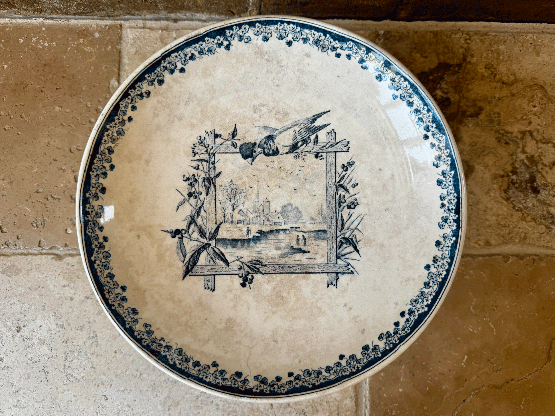 antique french rare 19th century salins paysage blue transferware terre de fer ironstone compotier compote dish stand