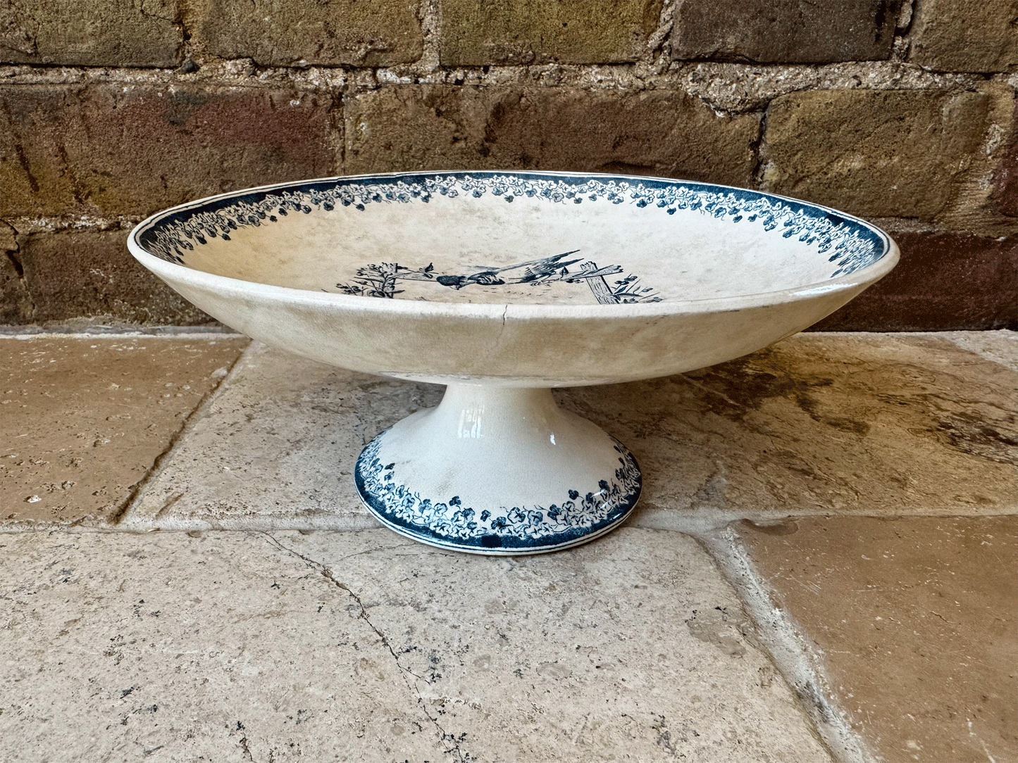 antique french rare 19th century salins paysage blue transferware terre de fer ironstone compotier compote dish stand
