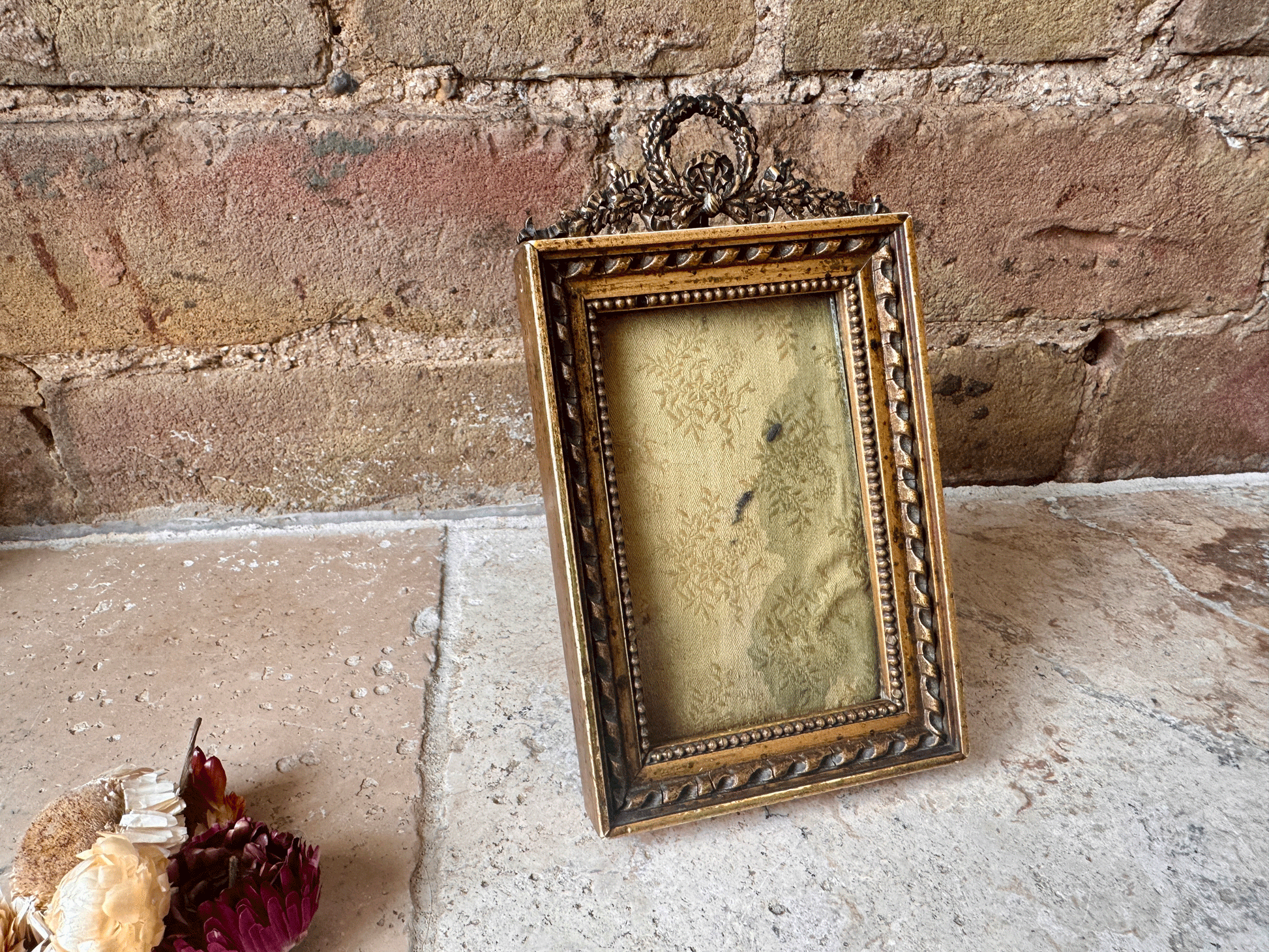antique french wooden brass ormolu small picture photo frame garland banner 19th century