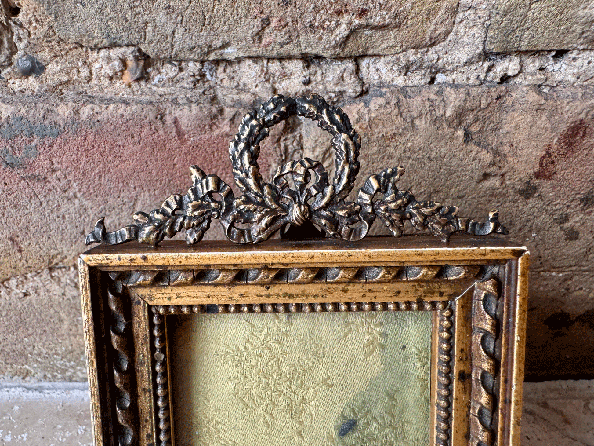 antique french wooden brass ormolu small picture photo frame garland banner 19th century