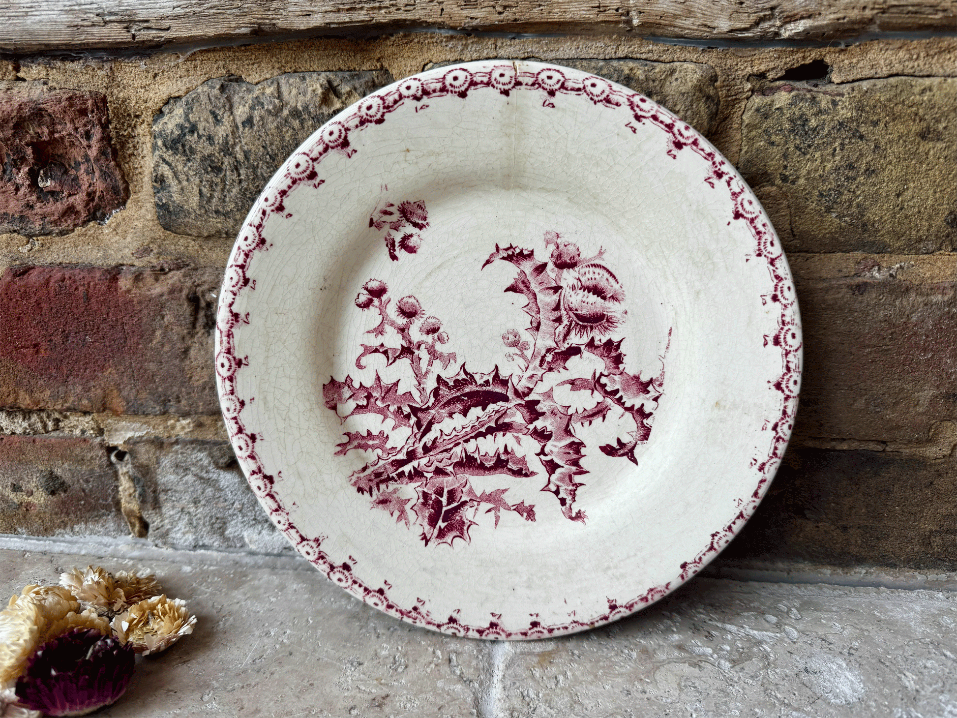 antique french gien chardons pink transferware terre de fer ironstone plate