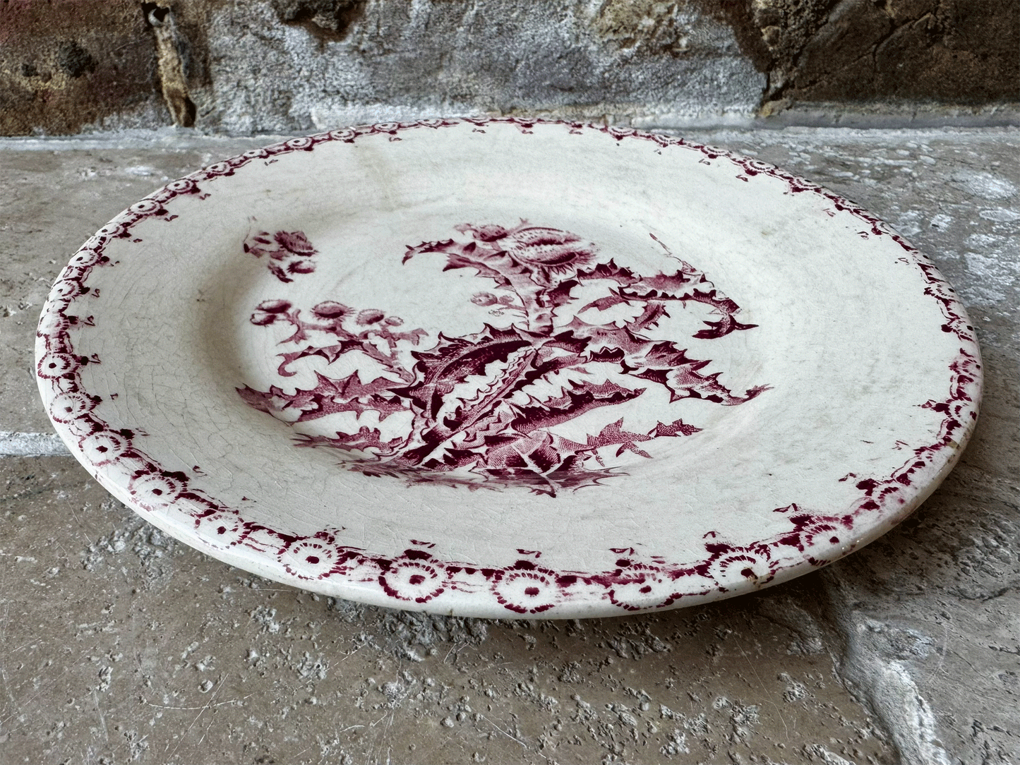 antique french gien chardons pink transferware terre de fer ironstone plate