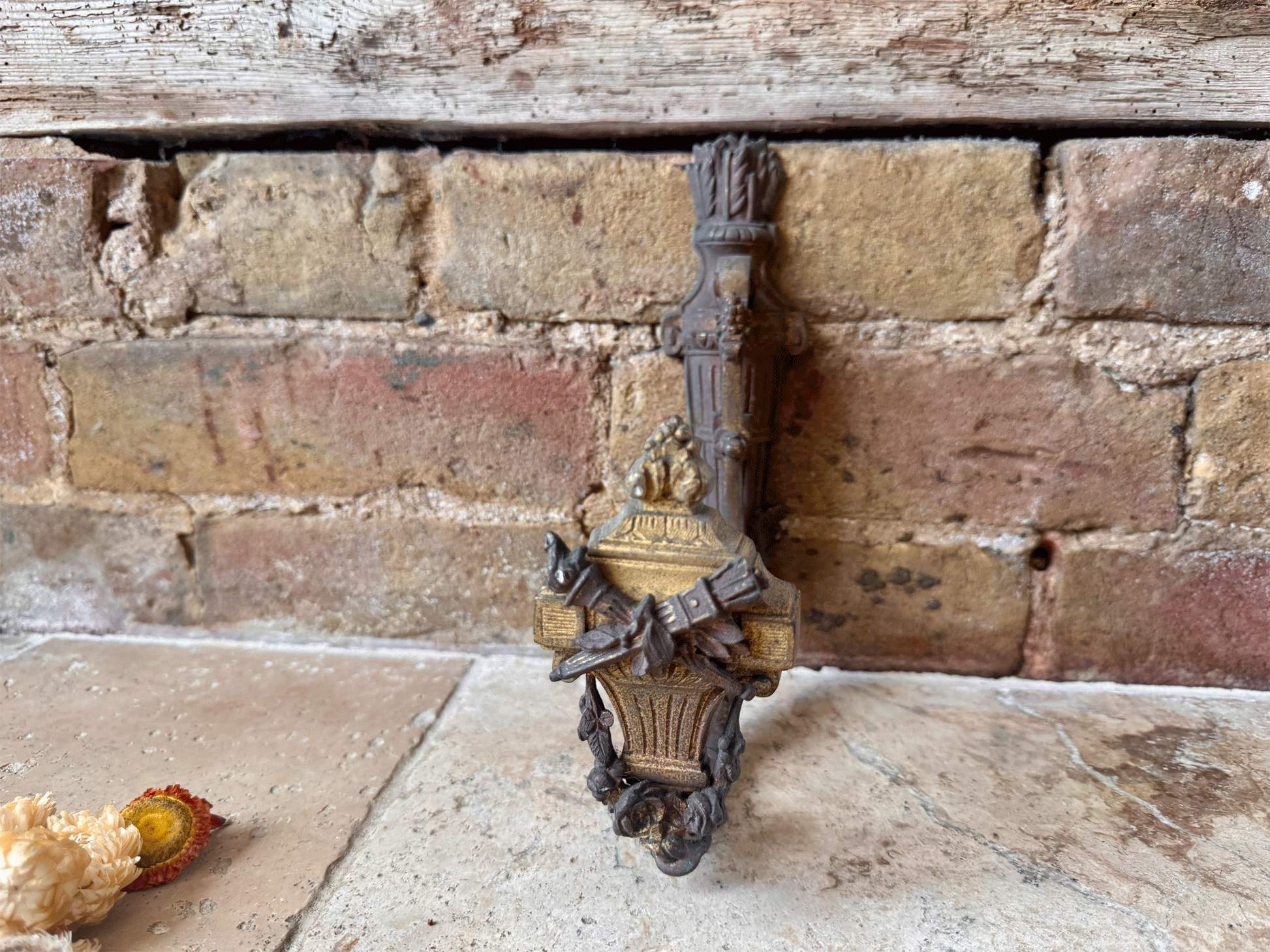 antique french rare 19th century cast iron ormolu wall bracket hanging decorative torches curtain drape hook tie back