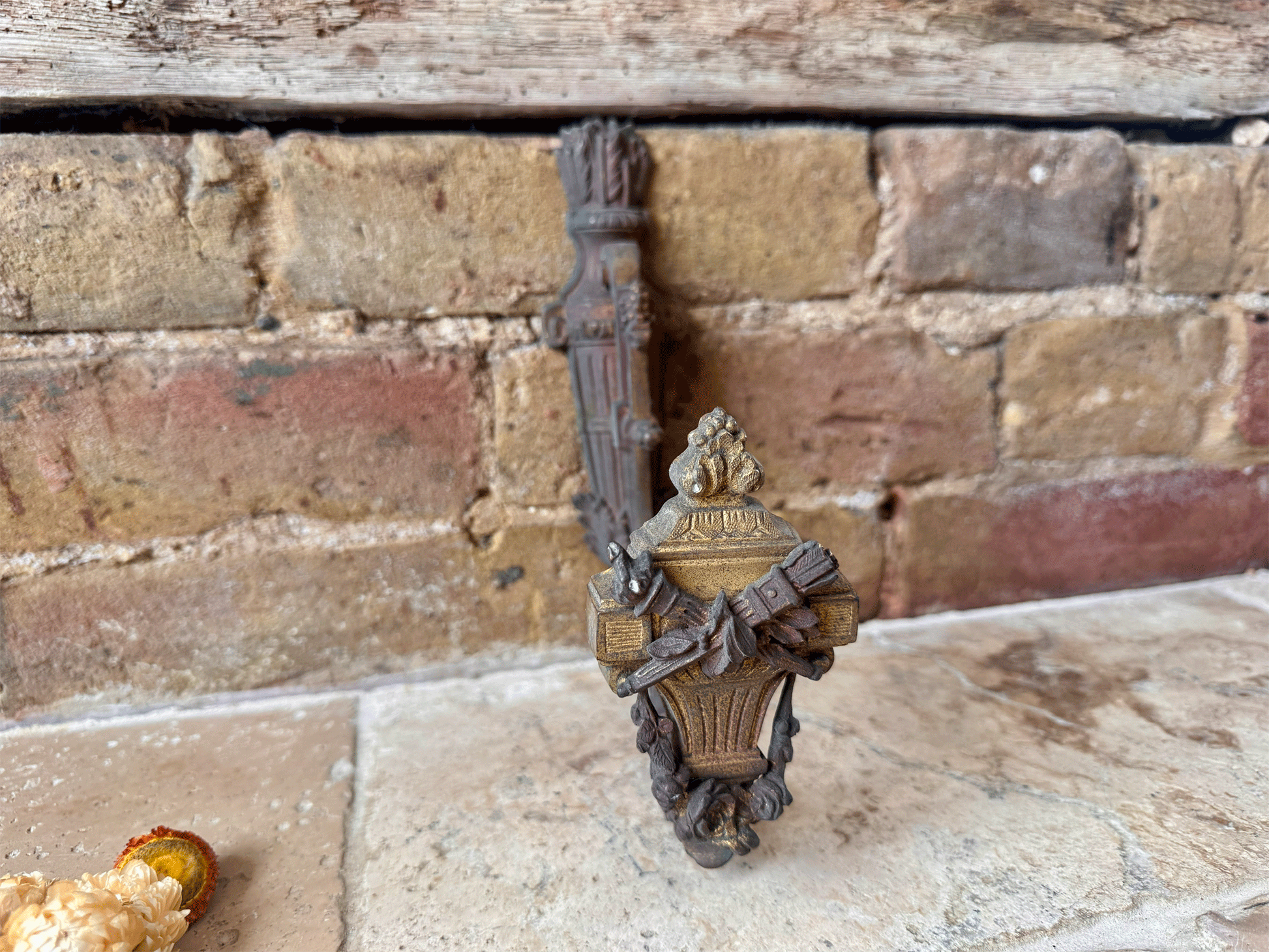 antique french rare 19th century cast iron ormolu wall bracket hanging decorative torches curtain drape hook tie back