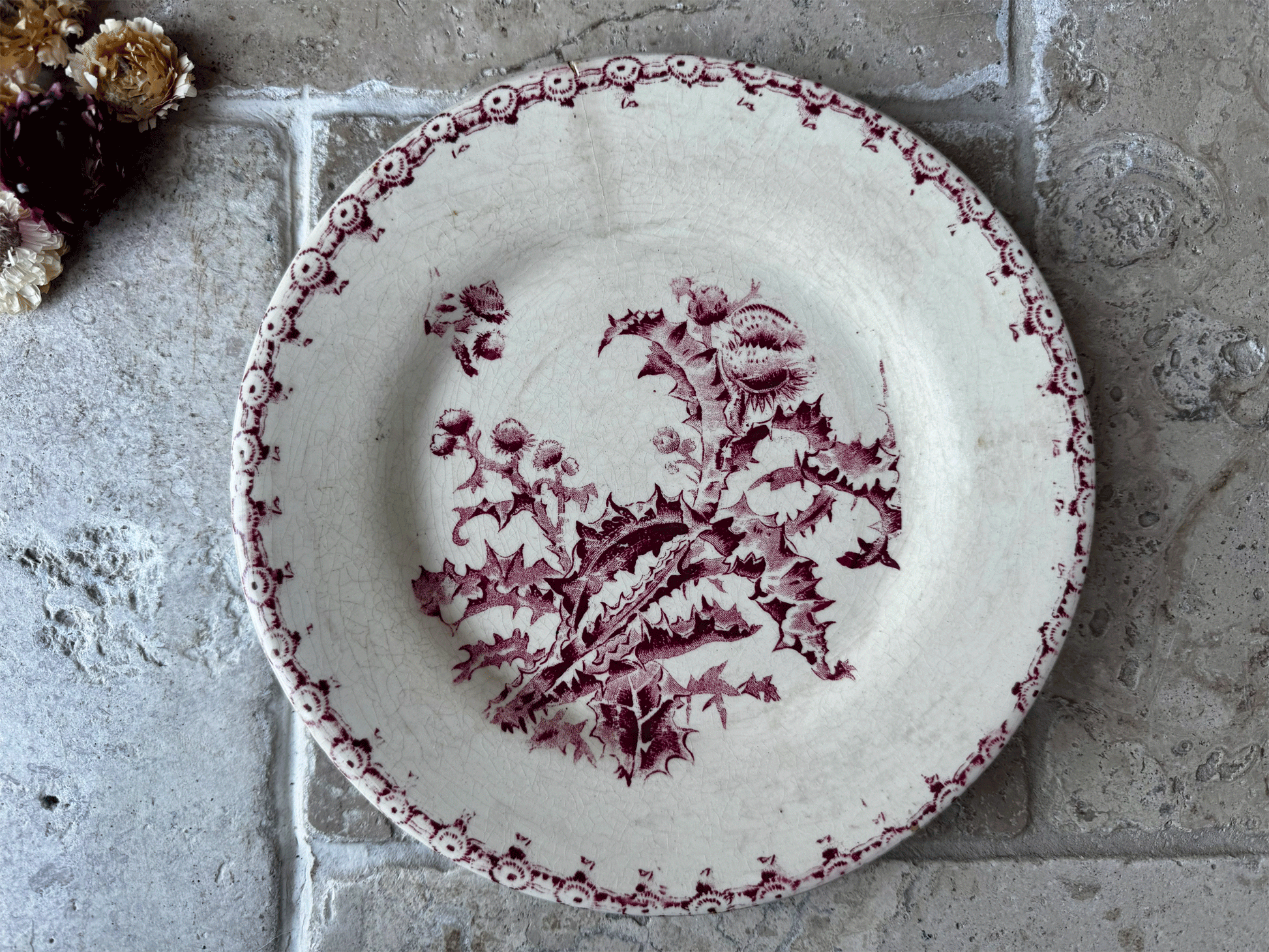 antique french gien chardons pink transferware terre de fer ironstone plate