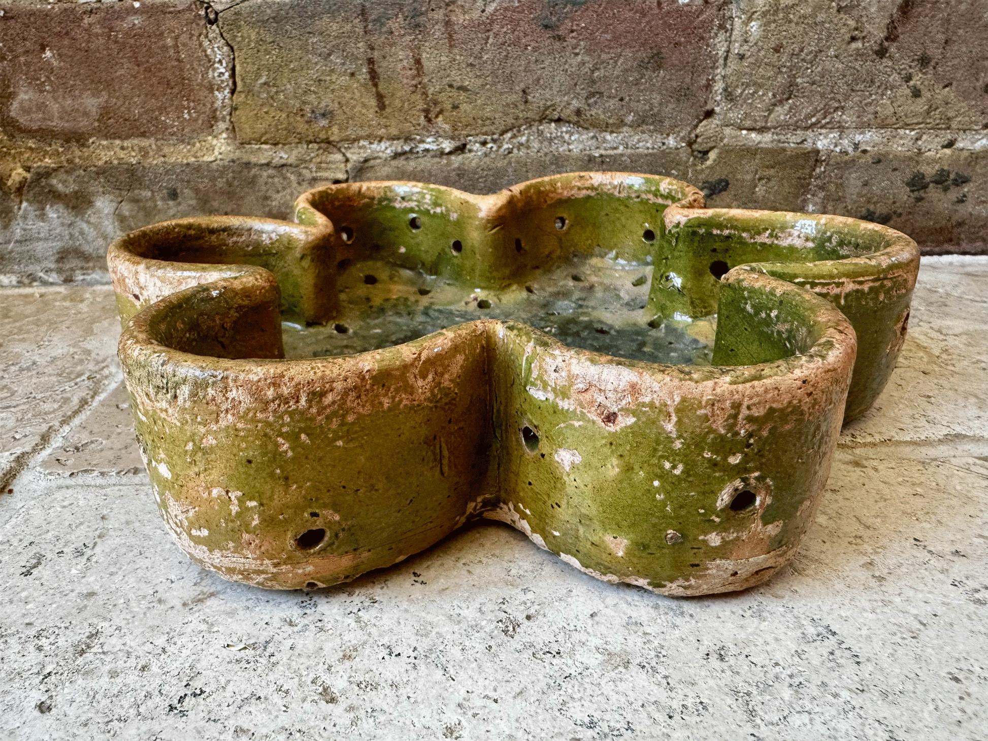 rare antique 19th century provencal cheese mould strainer drainer faisselle wheel earthenware terracotta green glaze