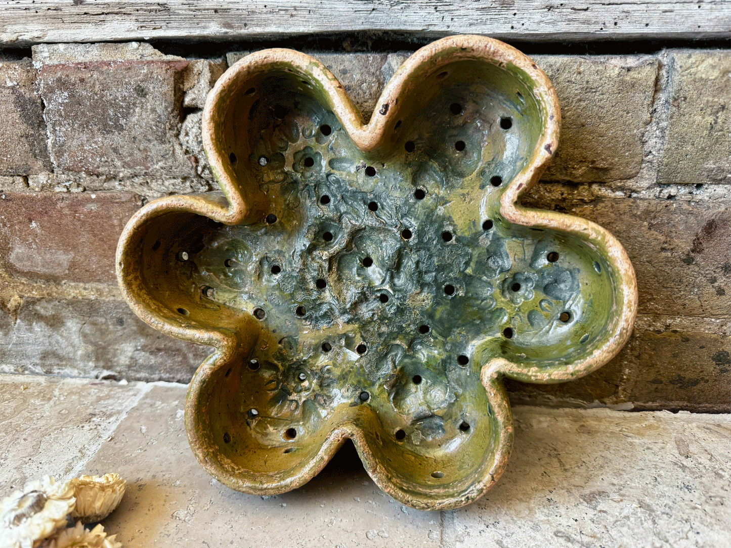 rare antique 19th century provencal cheese mould strainer drainer faisselle wheel earthenware terracotta green glaze