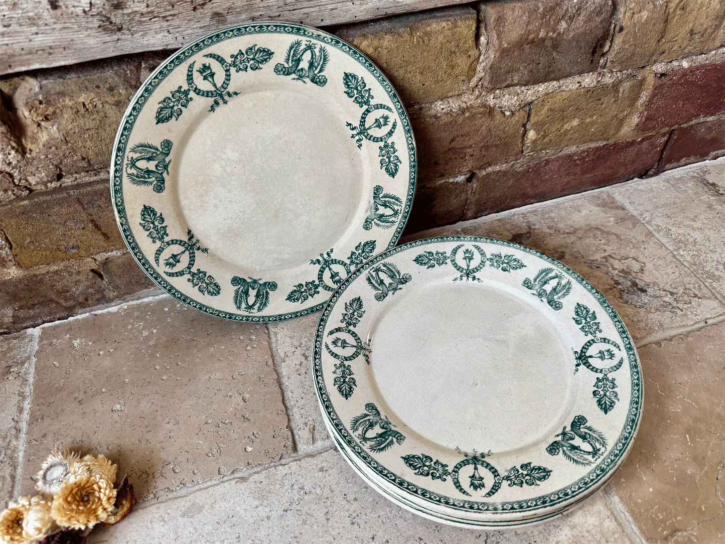 antique french 19th century green transferware ironstone gien wagram plate