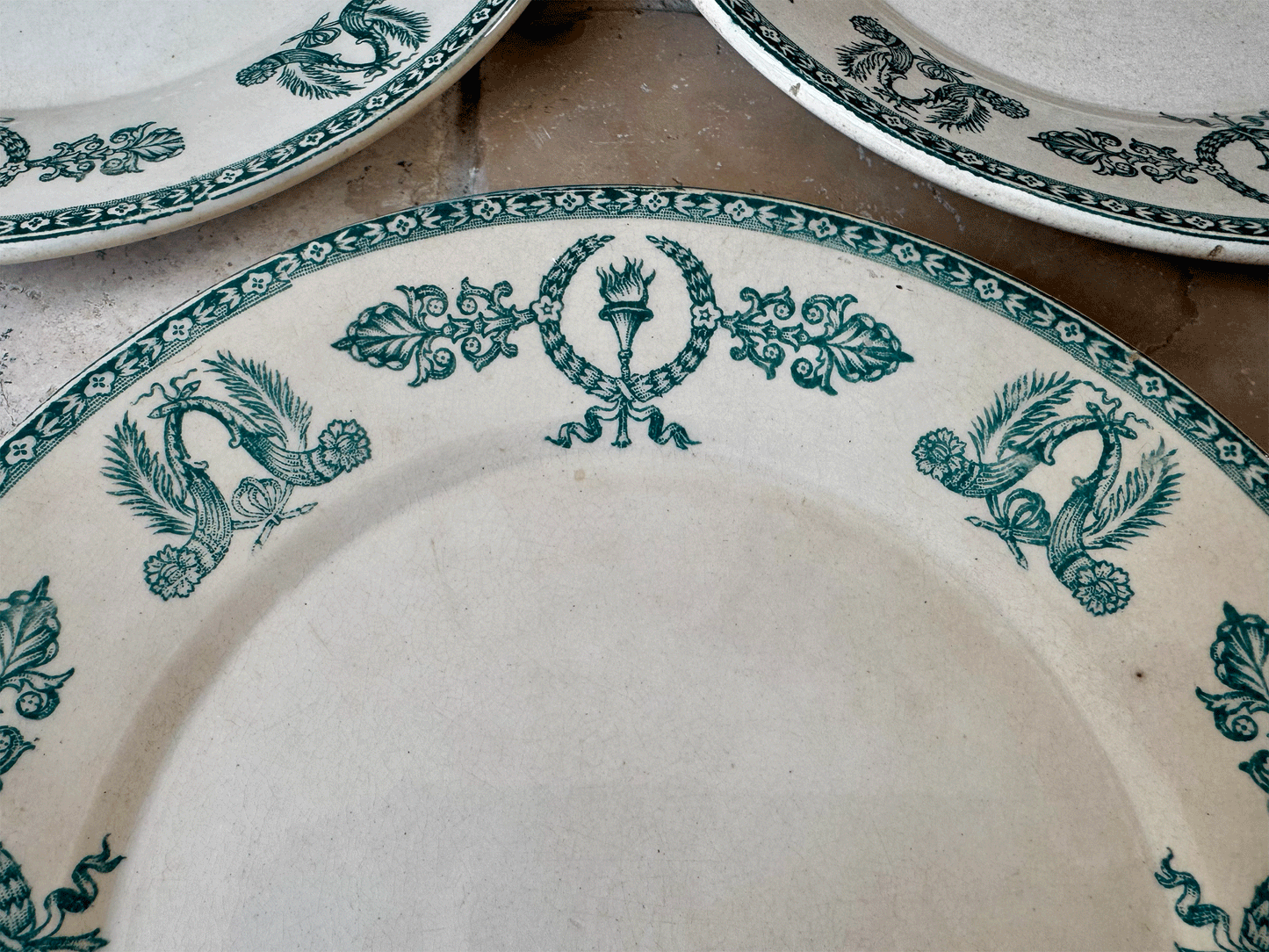 antique french 19th century green transferware ironstone gien wagram plate