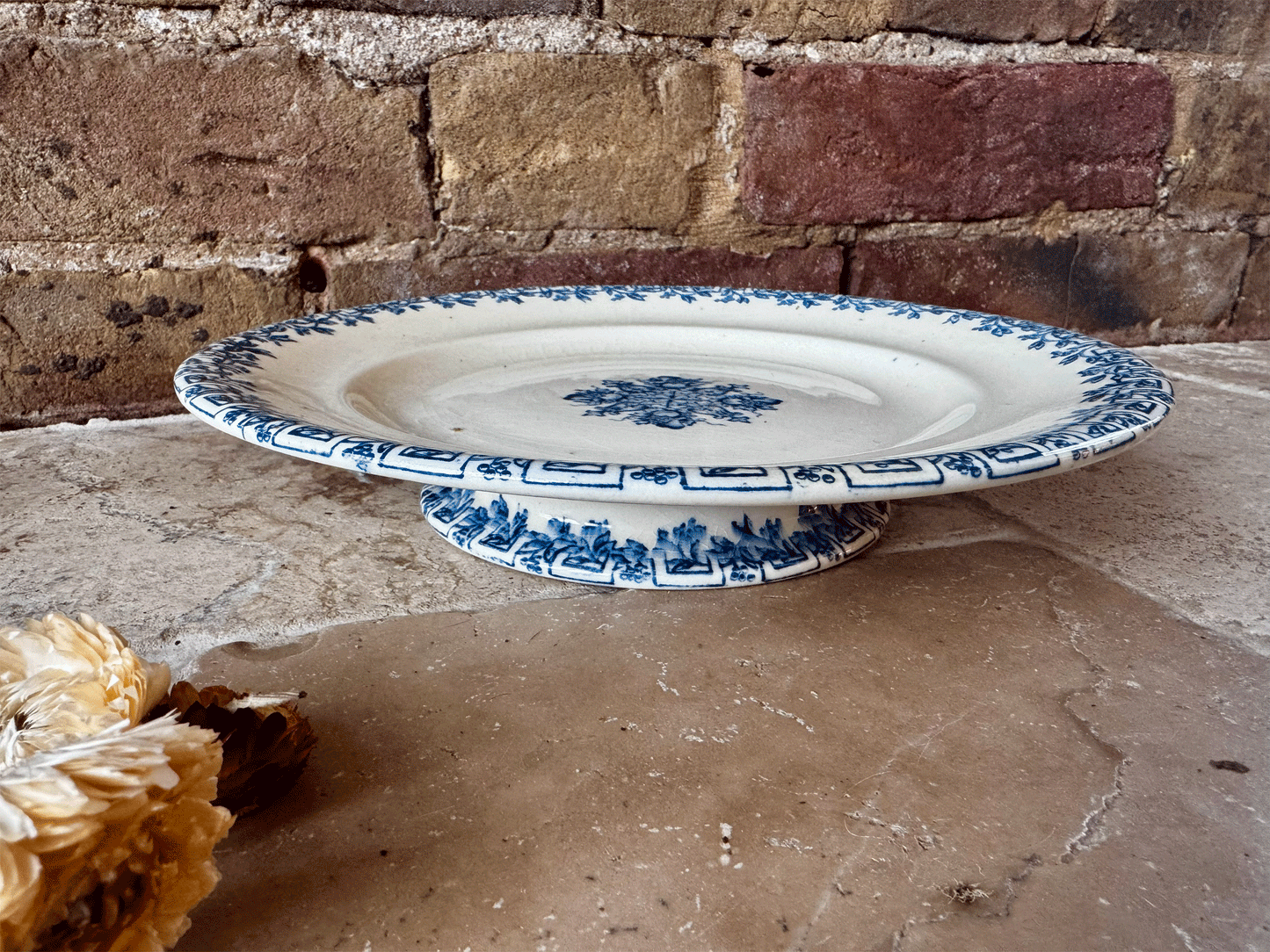 antique french 19th century js co ironstone terre blue transferware grec greek key pattern compotier compote dish cake stand