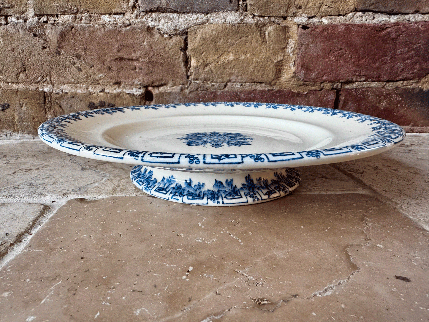 antique french 19th century js co ironstone terre blue transferware grec greek key pattern compotier compote dish cake stand