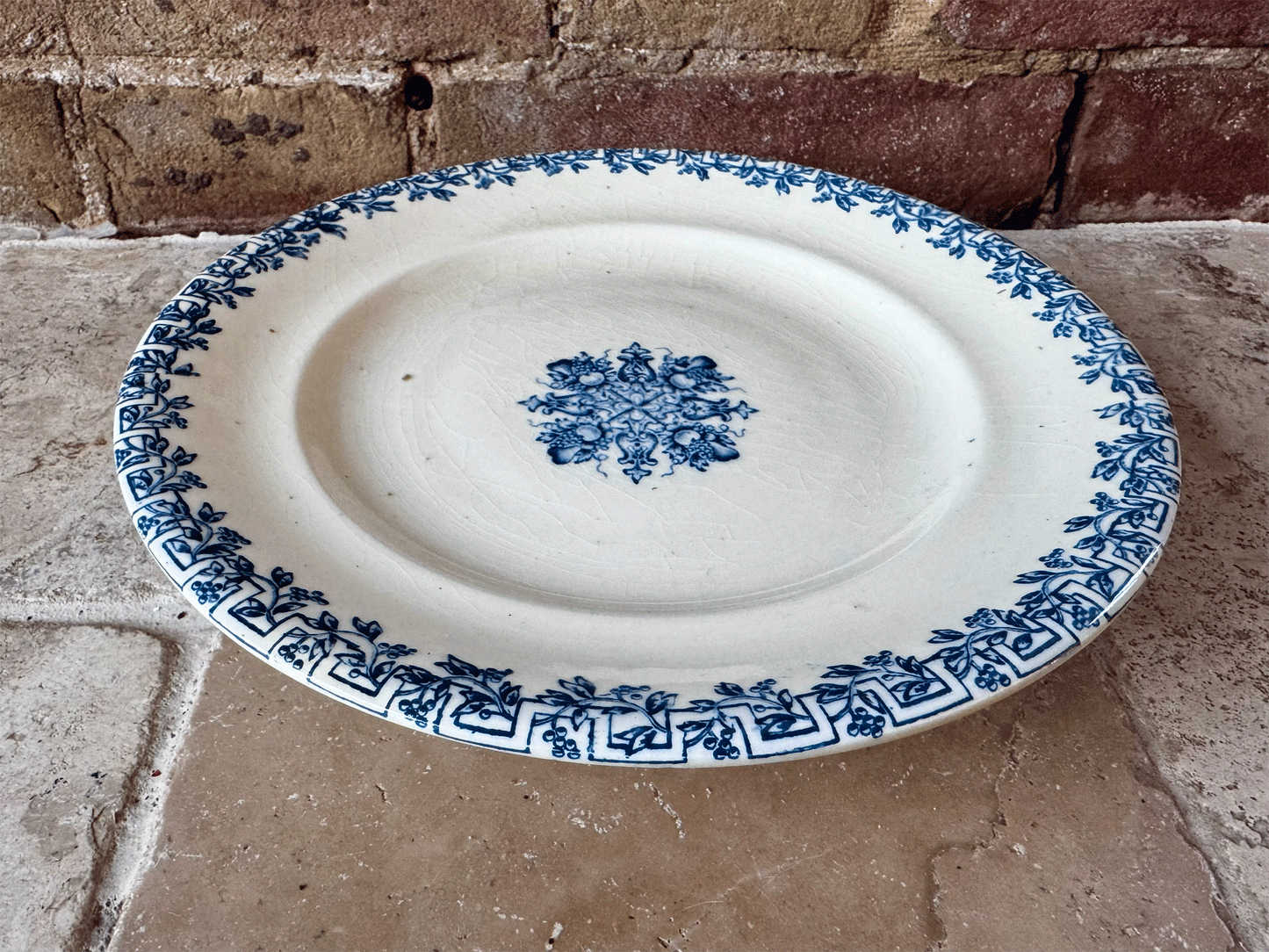 antique french 19th century js co ironstone terre blue transferware grec greek key pattern compotier compote dish cake stand