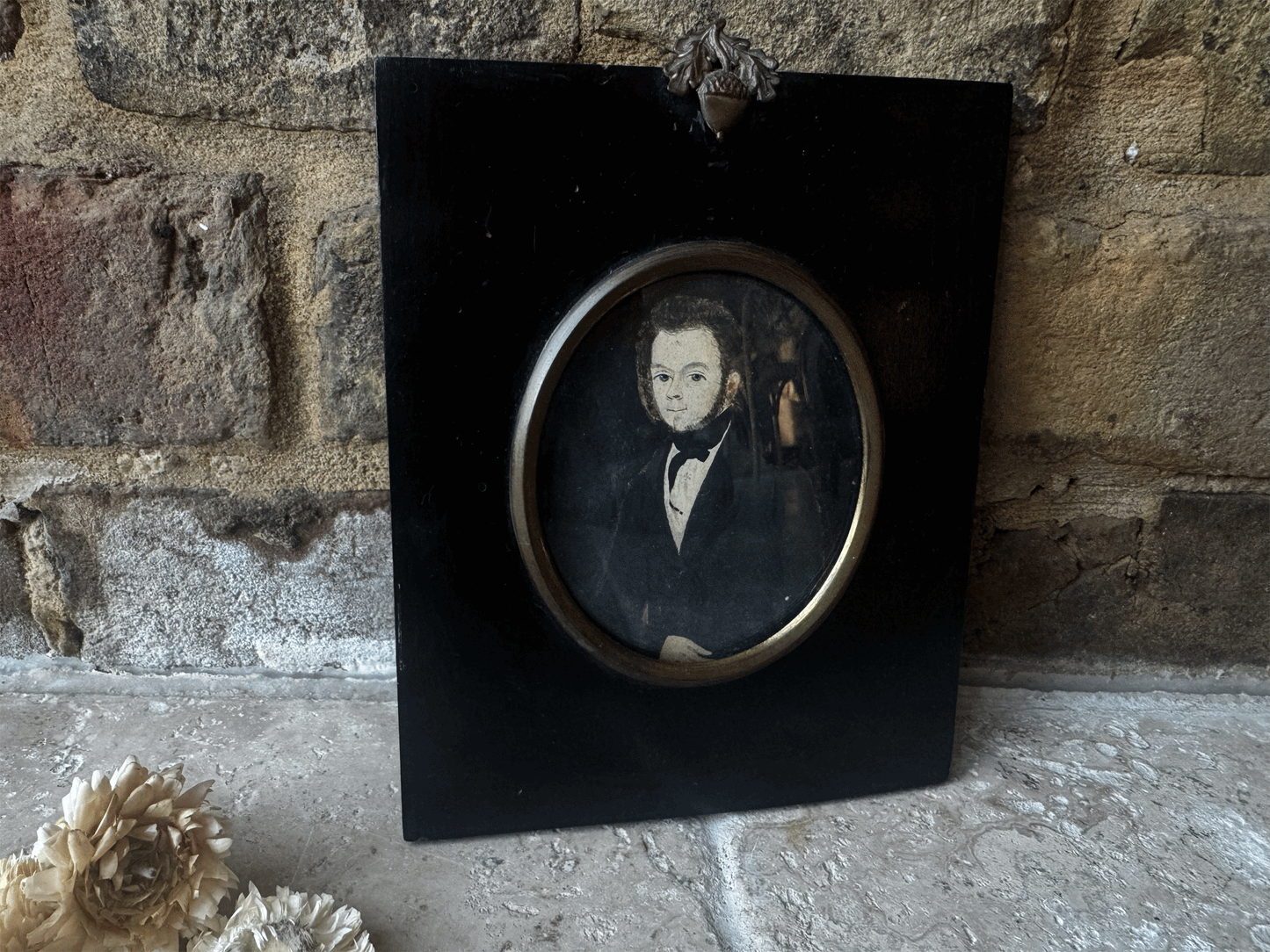 antique 19th century french miniature watercolour portrait gentleman black suit ebony dark rame