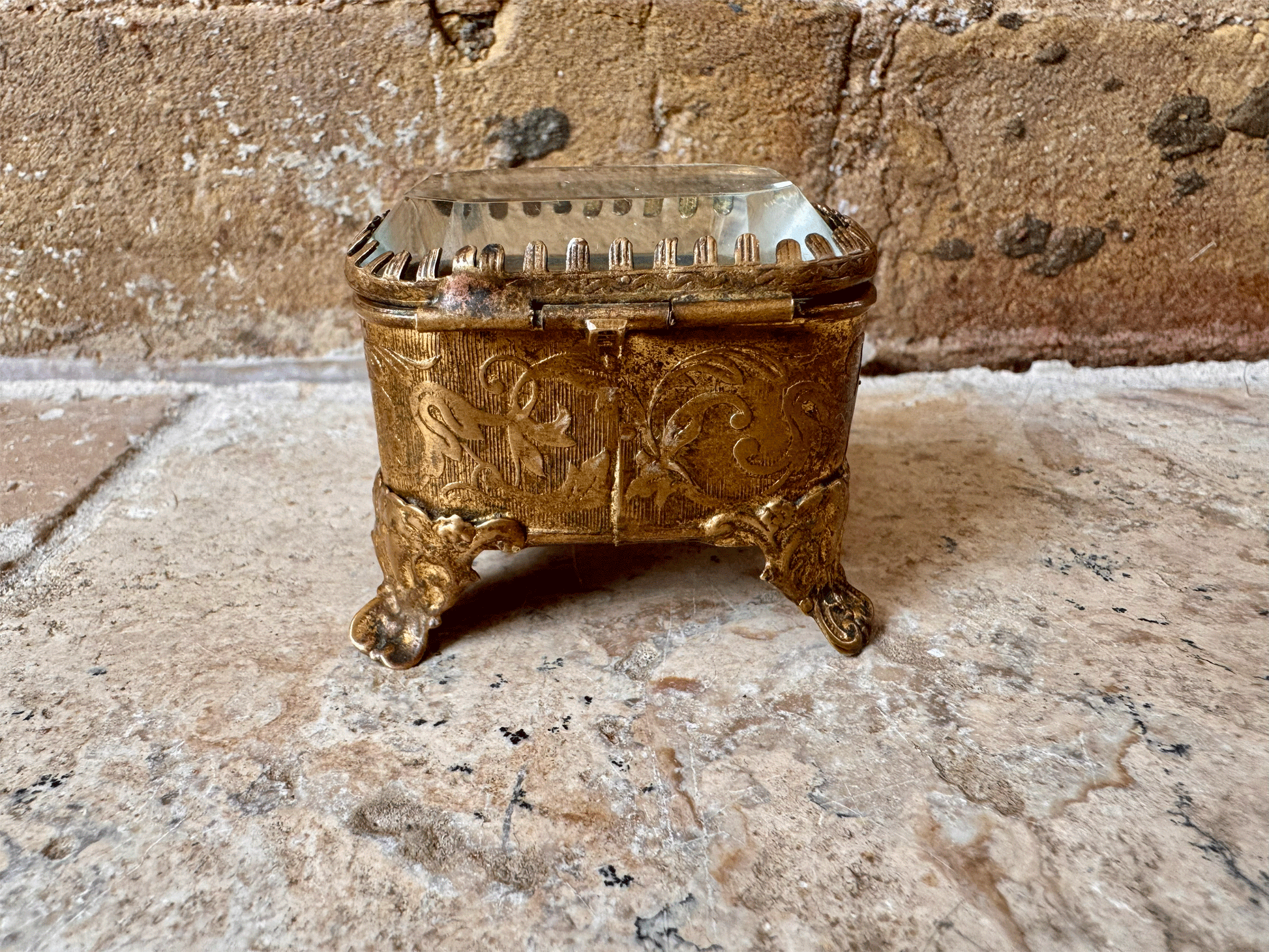 antique french 19th century pressed brass ormolu bevelled glass emerald green silk lining jewel casket patch box napoleon iii