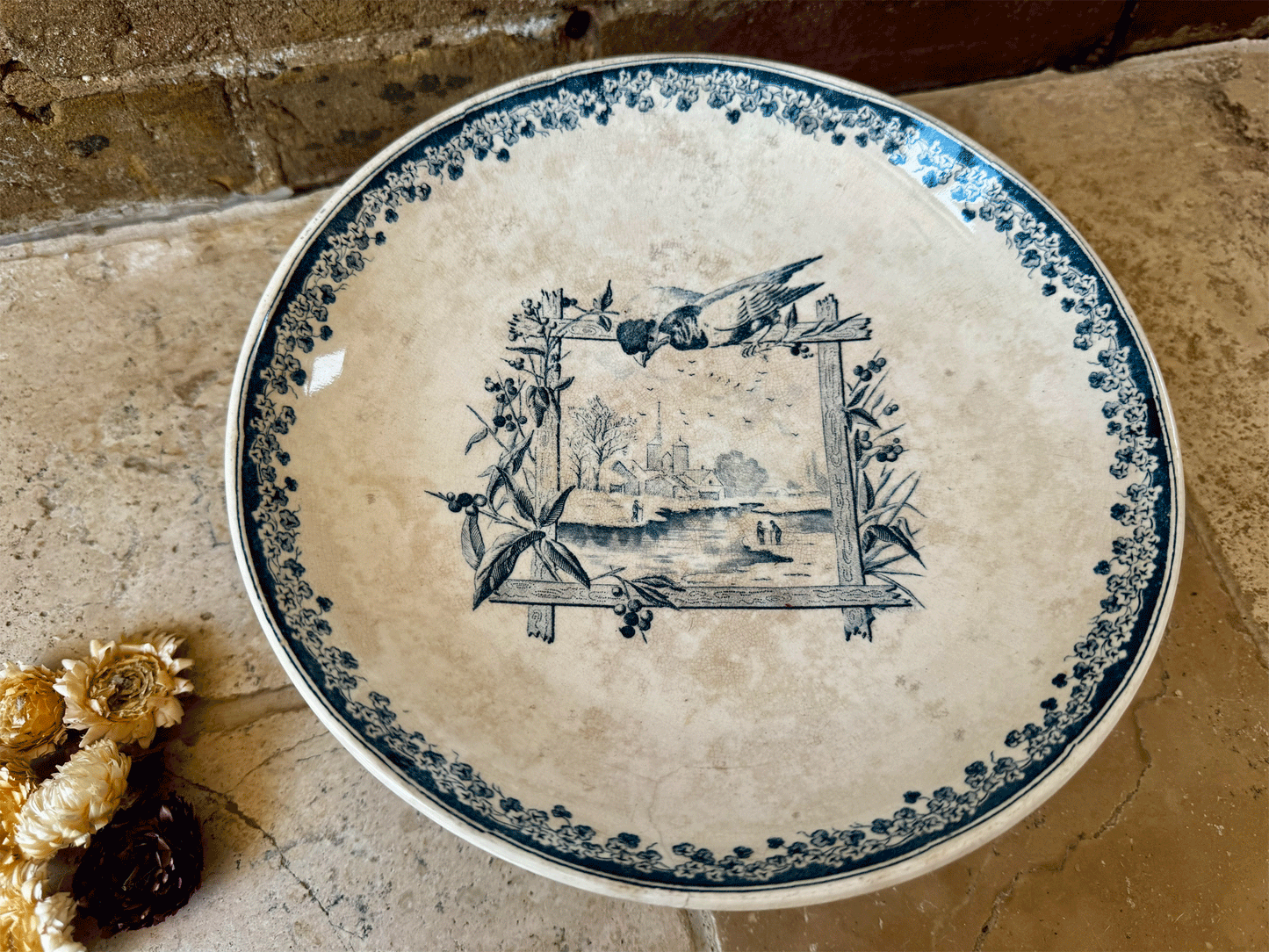 antique french rare 19th century salins paysage blue transferware terre de fer ironstone compotier compote dish stand