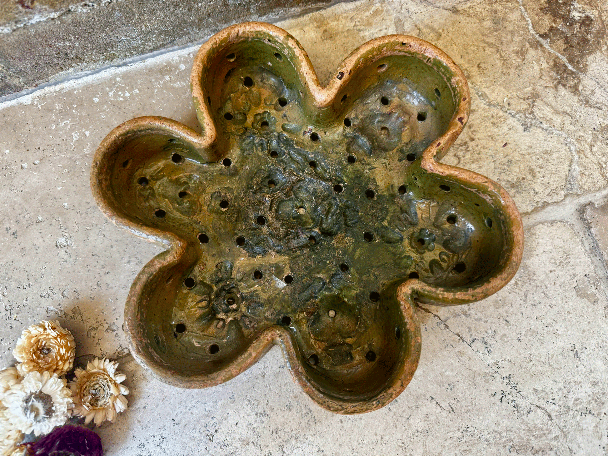 rare antique 19th century provencal cheese mould strainer drainer faisselle wheel earthenware terracotta green glaze
