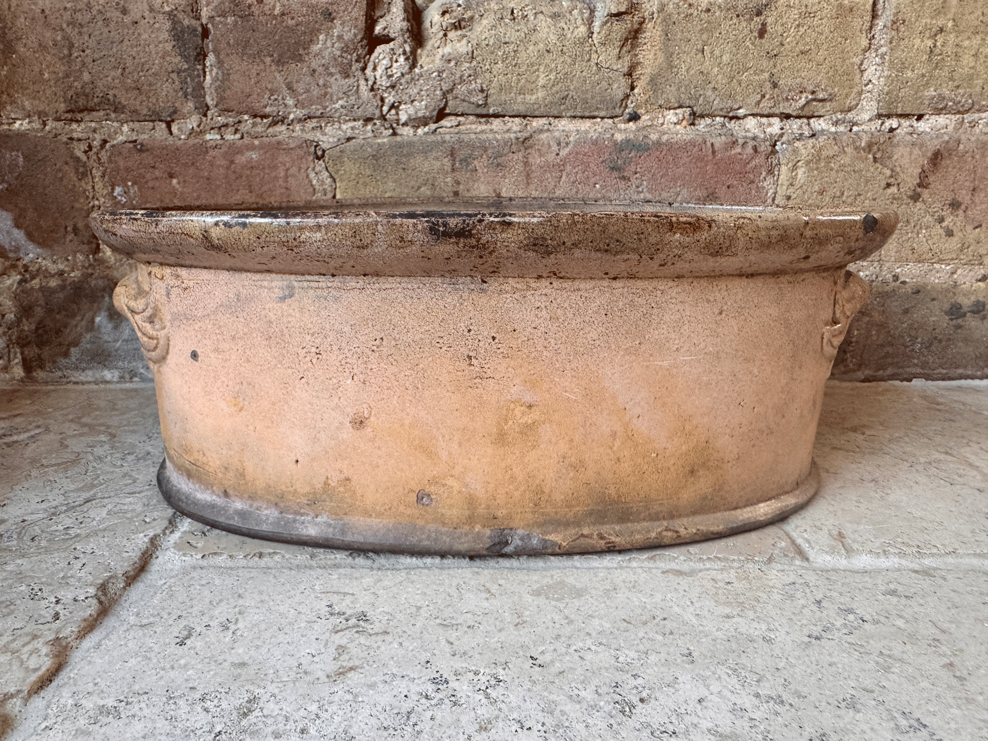 rare antique weathered timeworn peach yellow glaze terrine dish tureen planter
