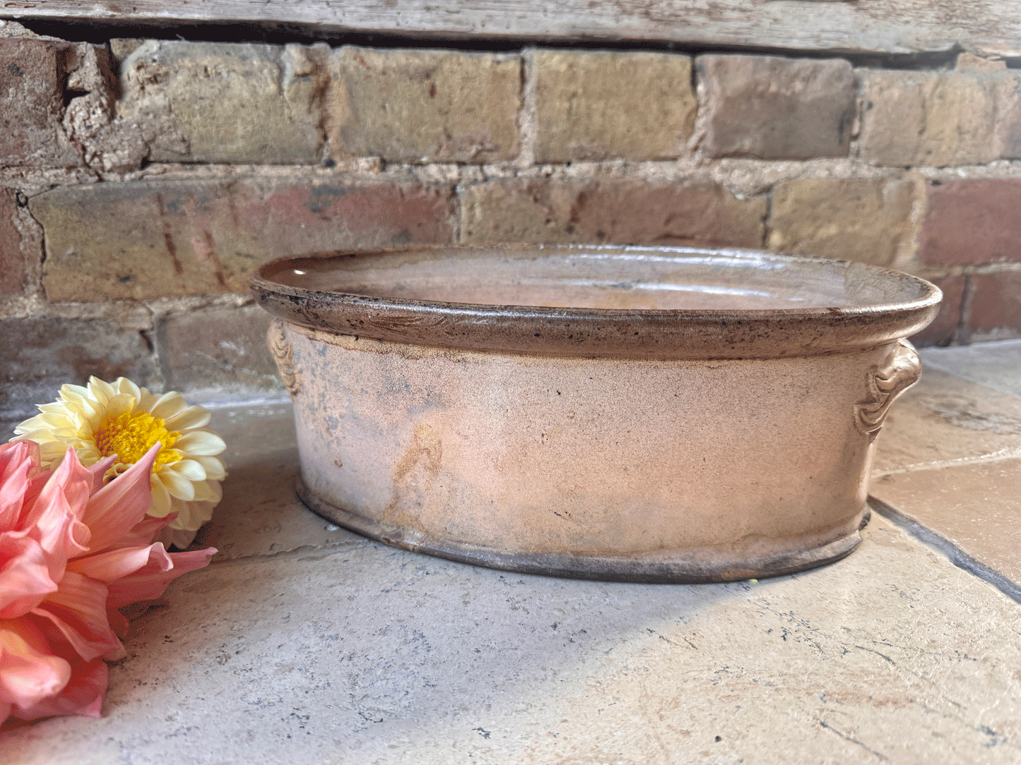 rare antique weathered timeworn peach yellow glaze terrine dish tureen planter