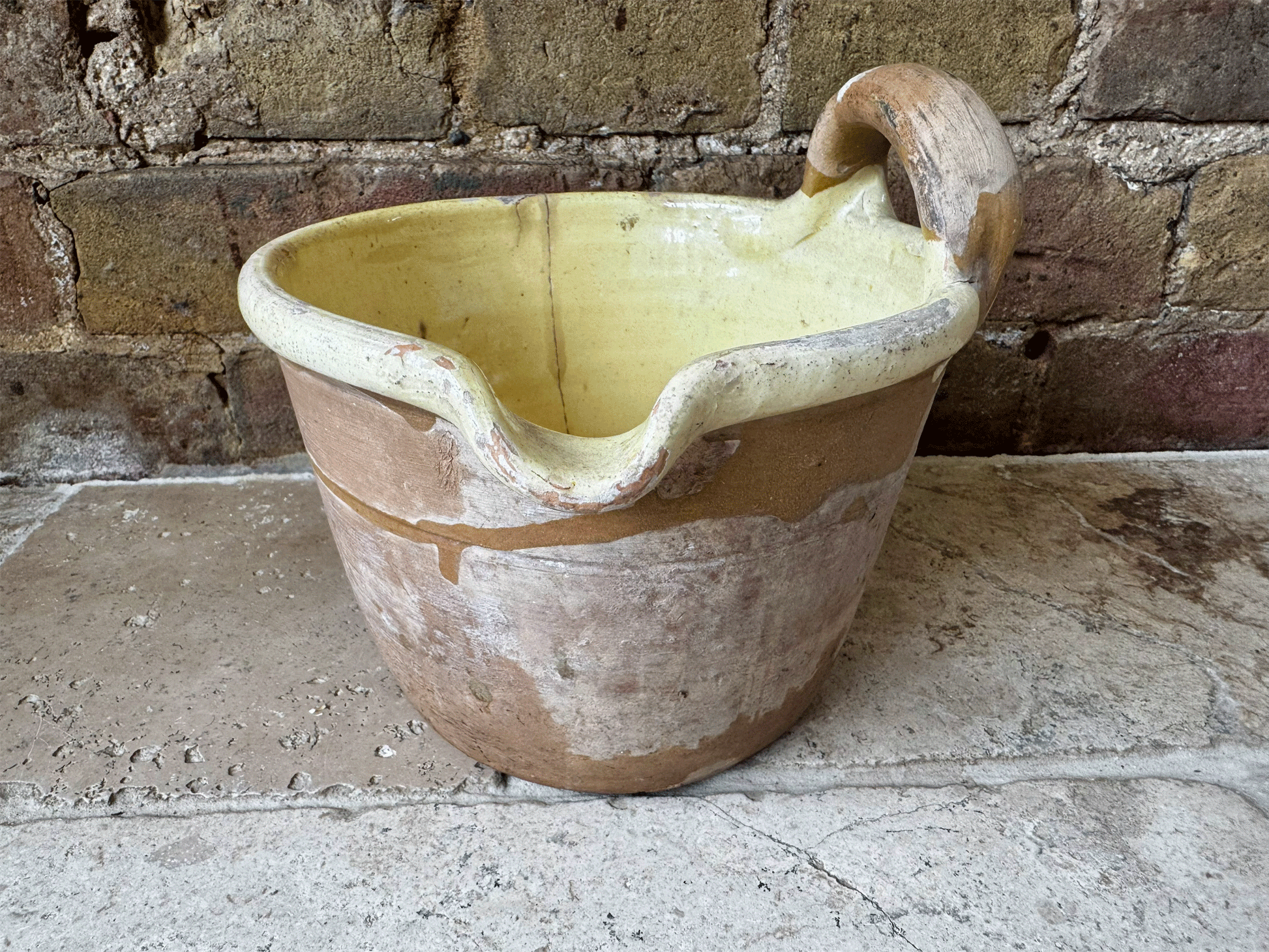 rare antique french 19th century earthenware terracotta yellow glazed milk pail seille pouring lip handle